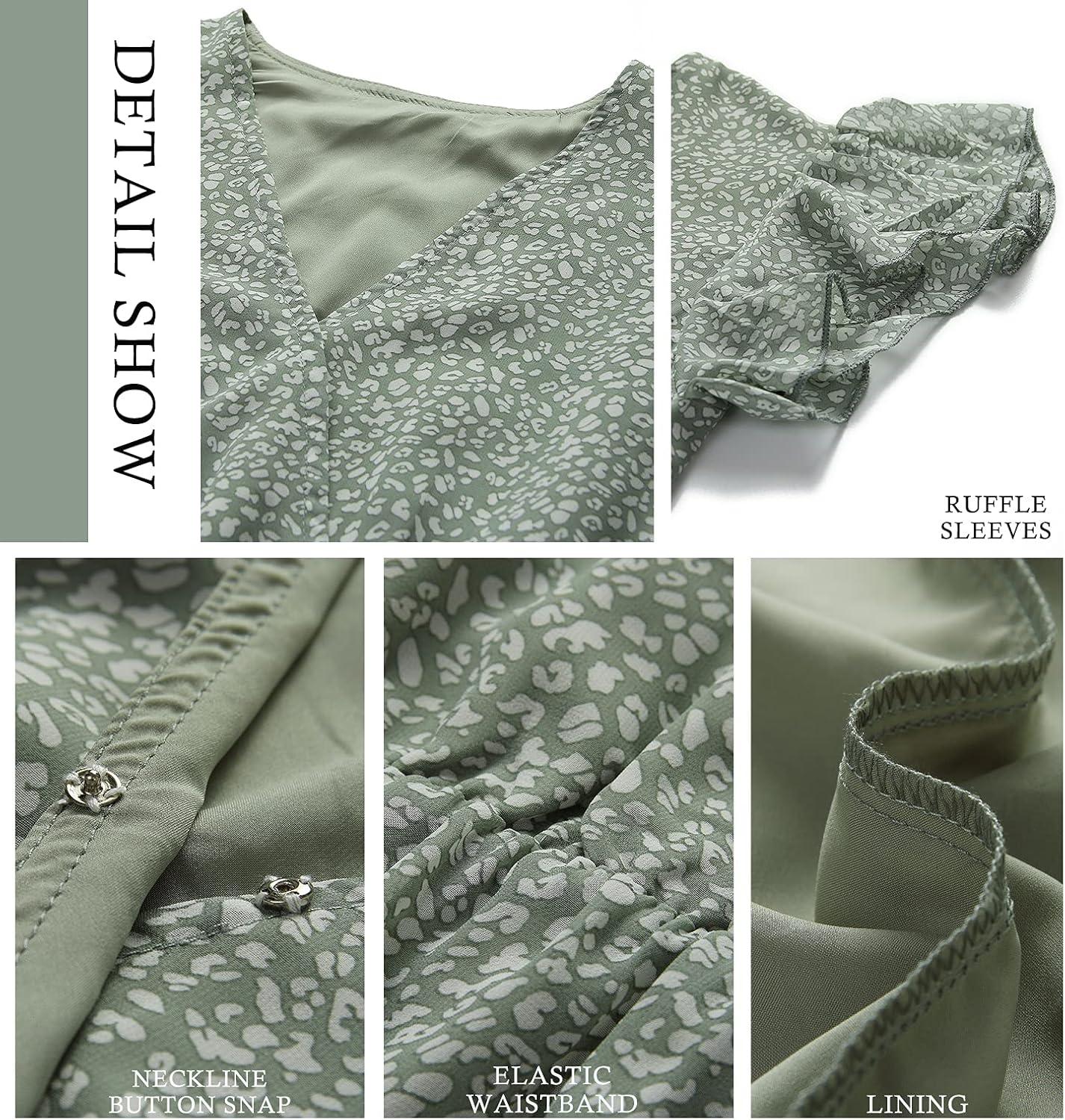 imageBTFBM Women Summer Bohemian Floral Casual Wrap V Neck Ruffle Cap Sleeveless Belt ALine Pleated Hem Midi Sun Dress WhiteDark Green