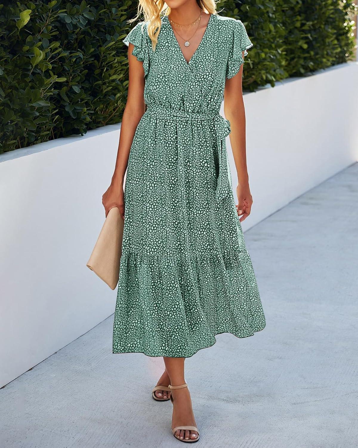 imageBTFBM Women Summer Bohemian Floral Casual Wrap V Neck Ruffle Cap Sleeveless Belt ALine Pleated Hem Midi Sun Dress WhiteDark Green