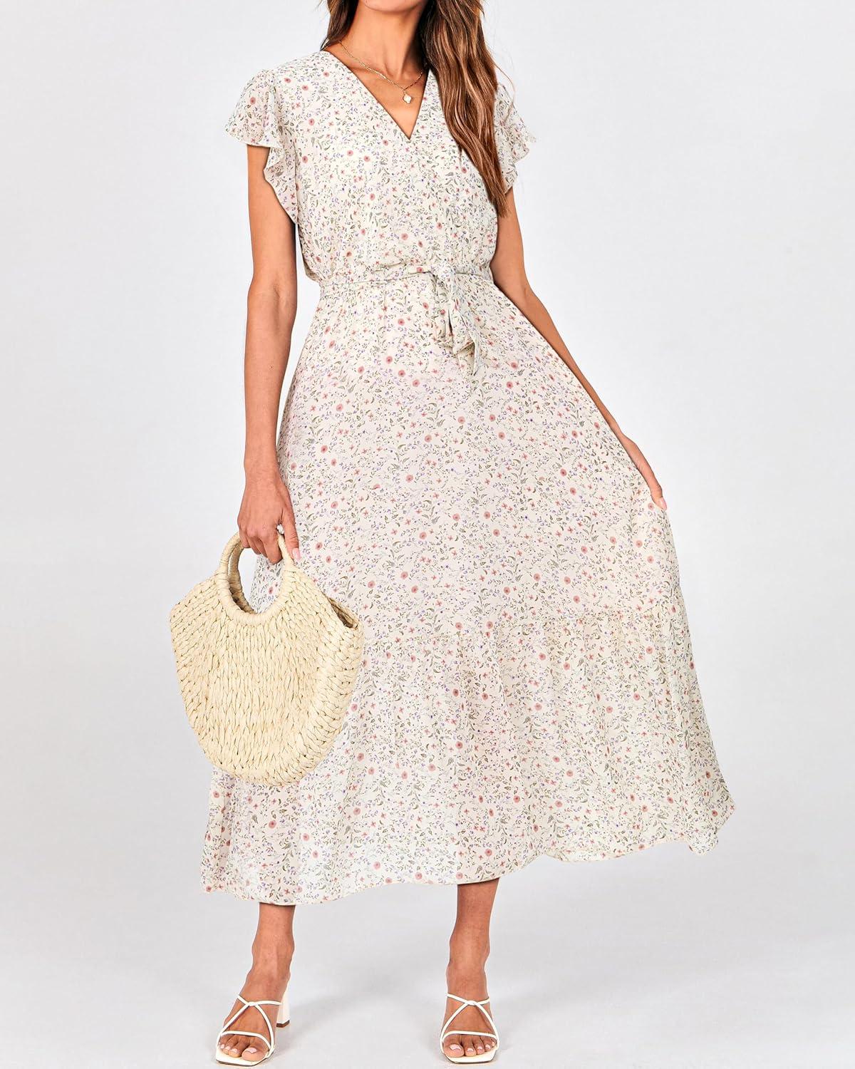 imageBTFBM Women Summer Bohemian Floral Casual Wrap V Neck Ruffle Cap Sleeveless Belt ALine Pleated Hem Midi Sun Dress WhiteFloral Apricot