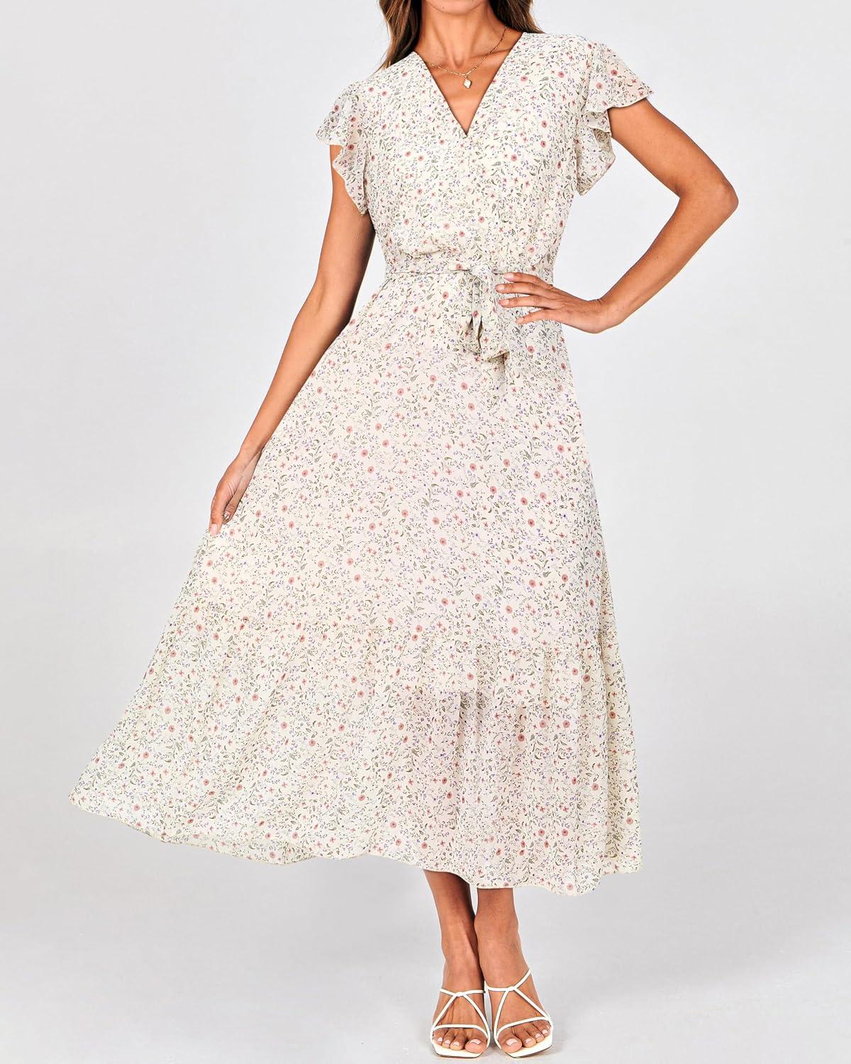 imageBTFBM Women Summer Bohemian Floral Casual Wrap V Neck Ruffle Cap Sleeveless Belt ALine Pleated Hem Midi Sun Dress WhiteFloral Apricot