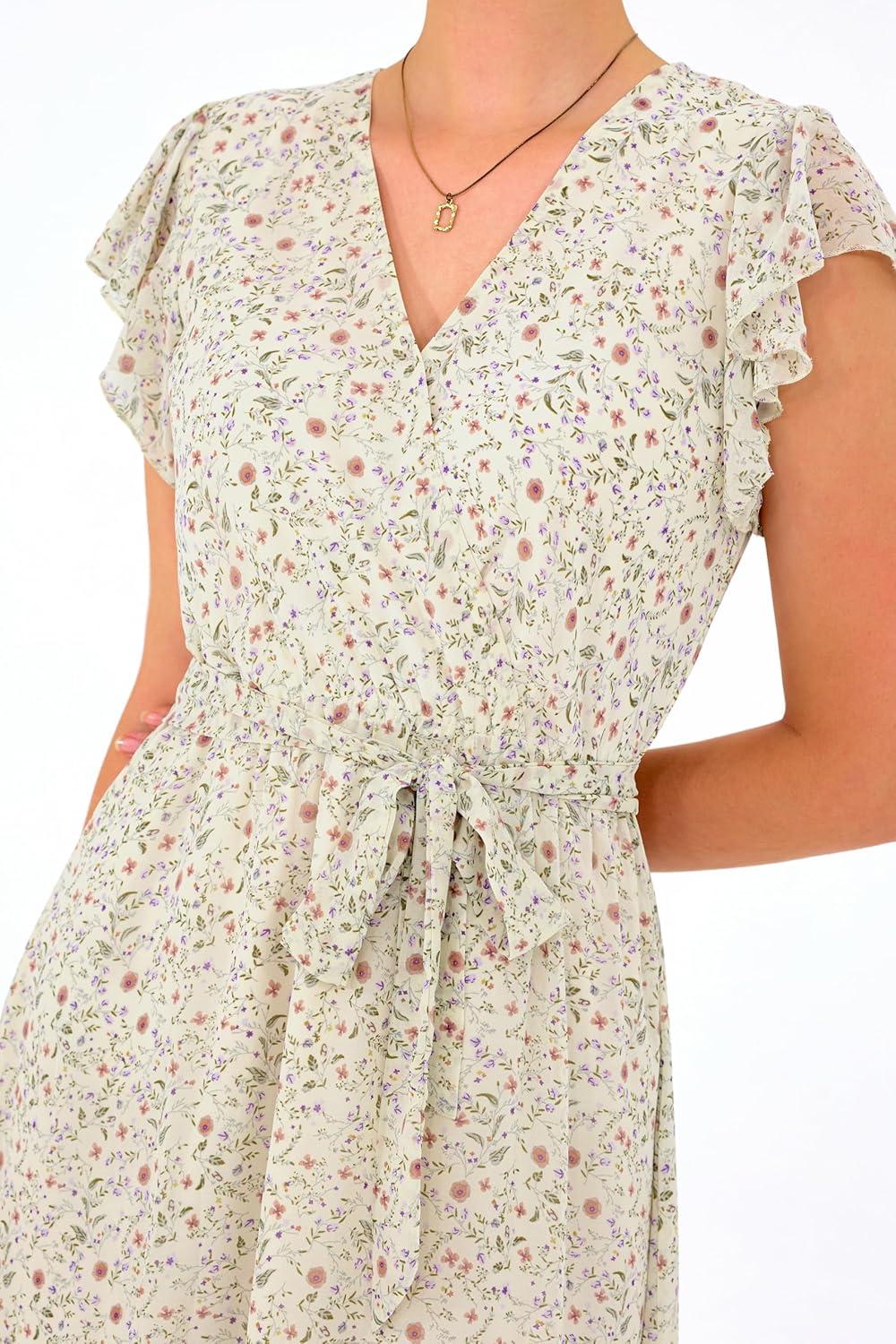 imageBTFBM Women Summer Bohemian Floral Casual Wrap V Neck Ruffle Cap Sleeveless Belt ALine Pleated Hem Midi Sun Dress WhiteFloral Apricot