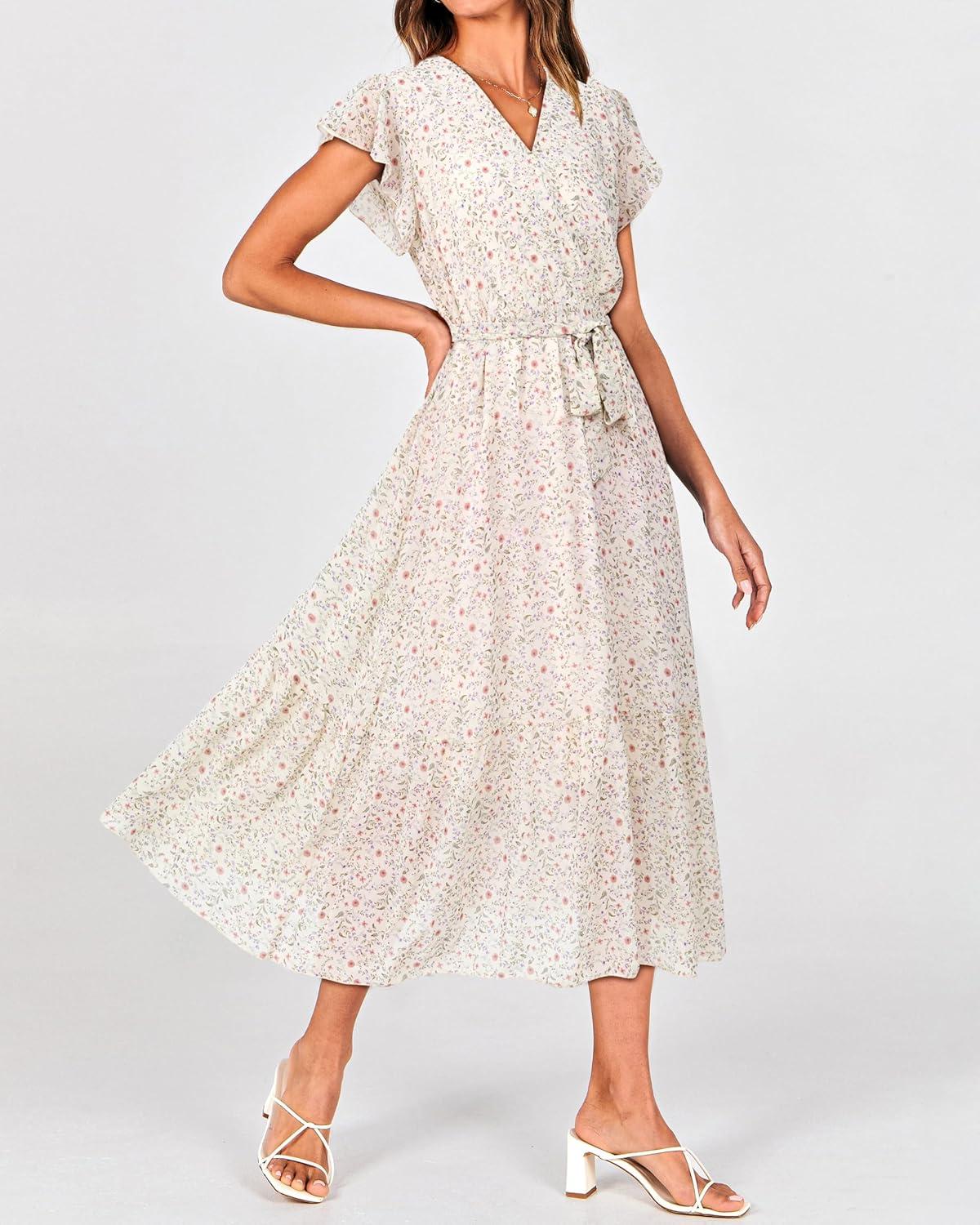 imageBTFBM Women Summer Bohemian Floral Casual Wrap V Neck Ruffle Cap Sleeveless Belt ALine Pleated Hem Midi Sun Dress WhiteFloral Apricot