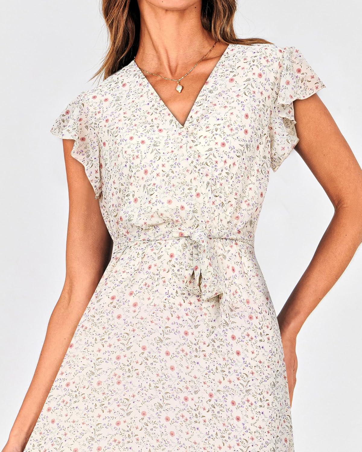 imageBTFBM Women Summer Bohemian Floral Casual Wrap V Neck Ruffle Cap Sleeveless Belt ALine Pleated Hem Midi Sun Dress WhiteFloral Apricot