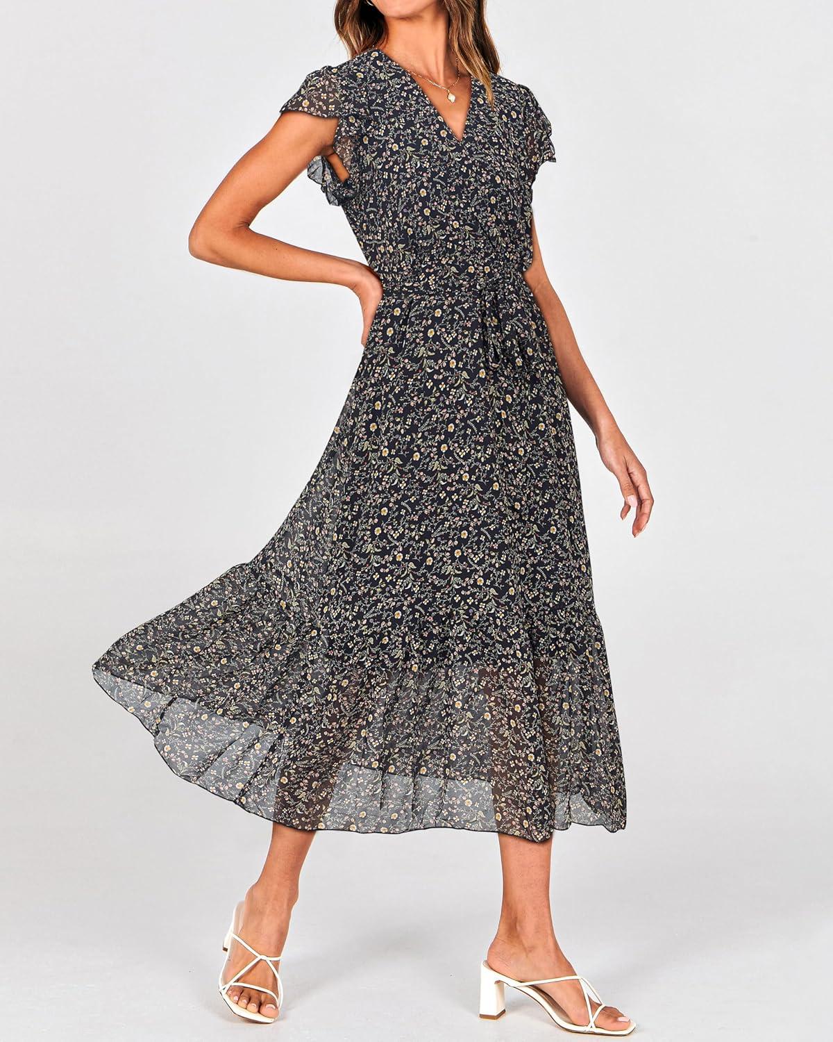imageBTFBM Women Summer Bohemian Floral Casual Wrap V Neck Ruffle Cap Sleeveless Belt ALine Pleated Hem Midi Sun Dress WhiteFloral Black