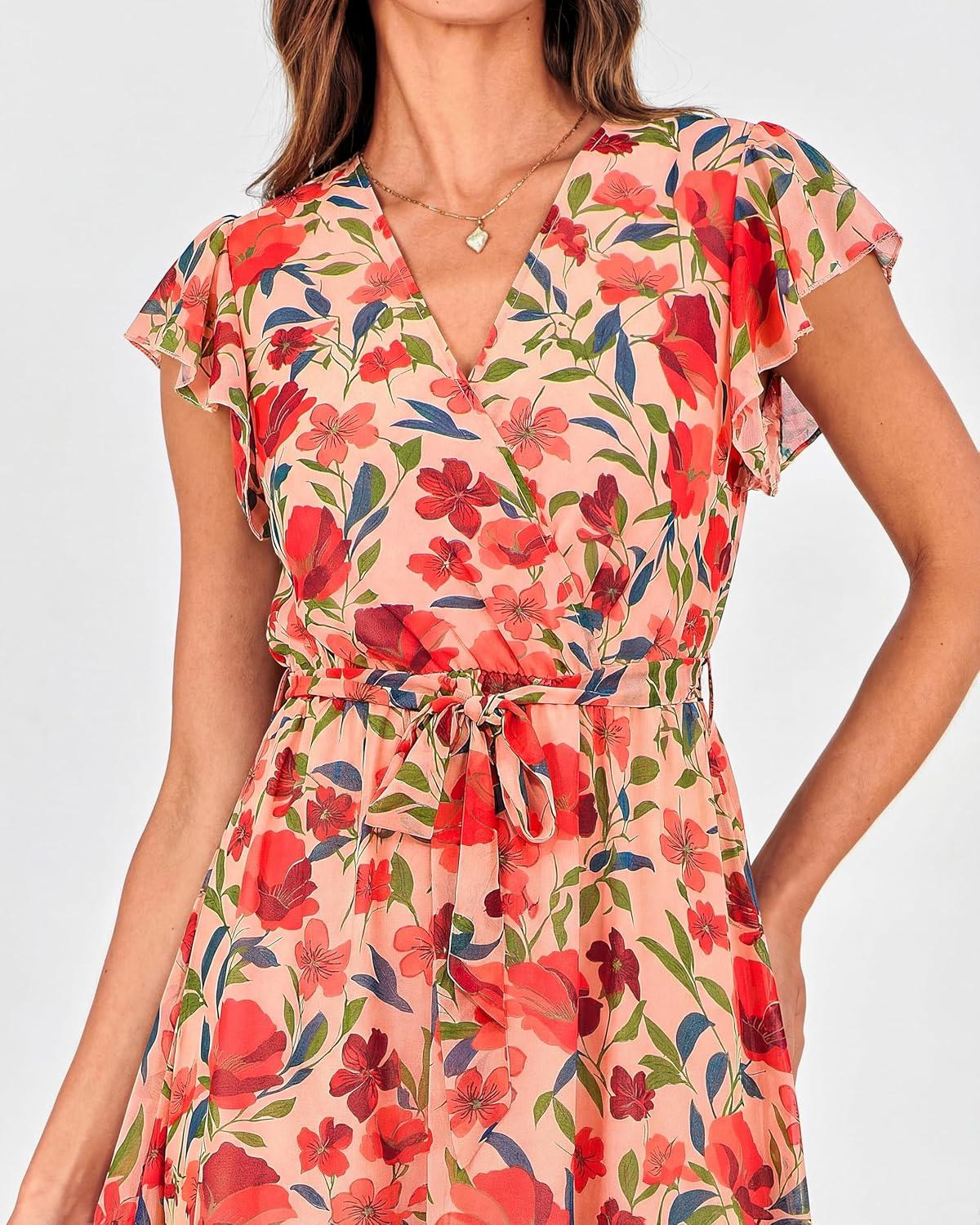 imageBTFBM Women Summer Bohemian Floral Casual Wrap V Neck Ruffle Cap Sleeveless Belt ALine Pleated Hem Midi Sun Dress WhiteFloral Orange Pink Red