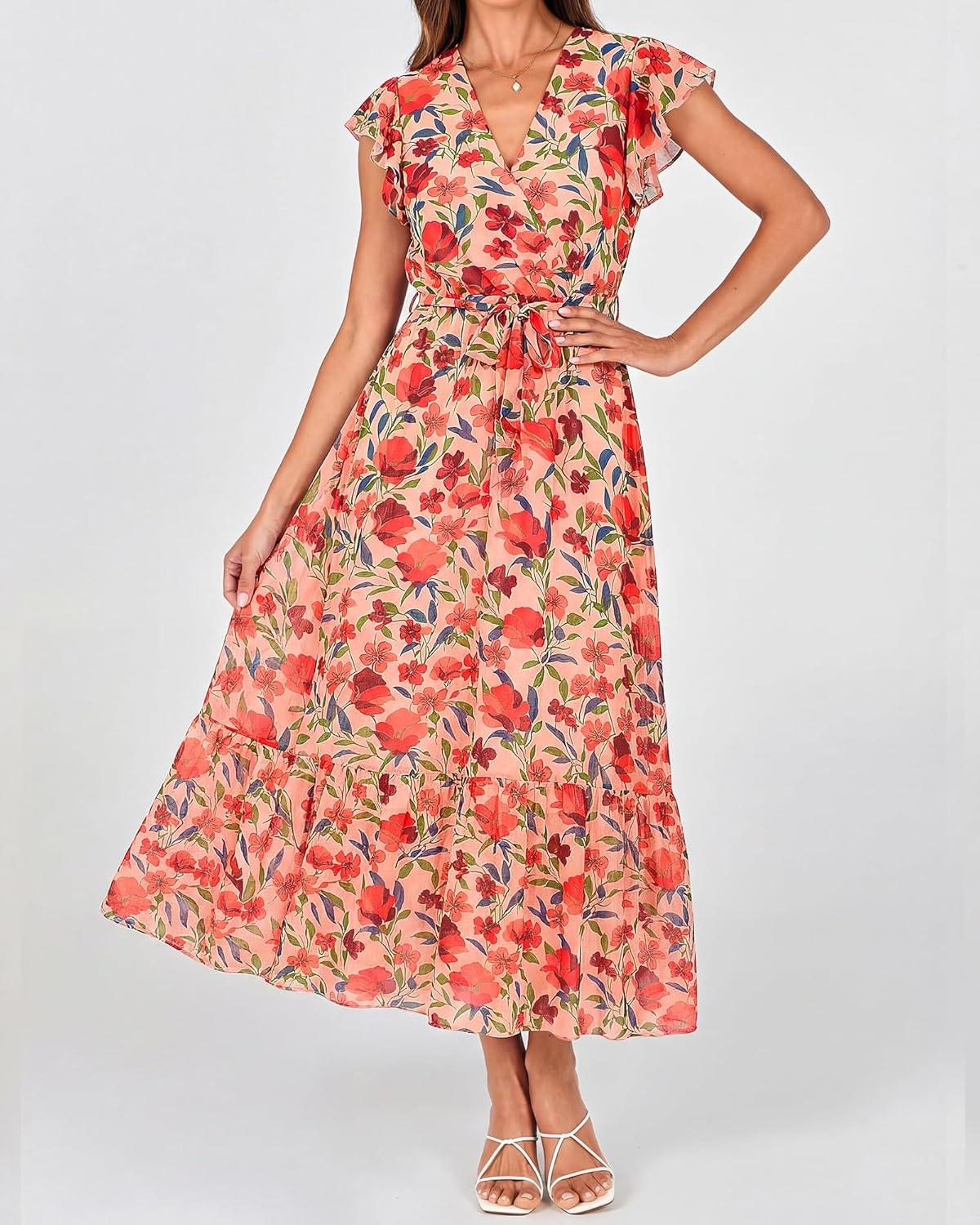 imageBTFBM Women Summer Bohemian Floral Casual Wrap V Neck Ruffle Cap Sleeveless Belt ALine Pleated Hem Midi Sun Dress WhiteFloral Orange Pink Red