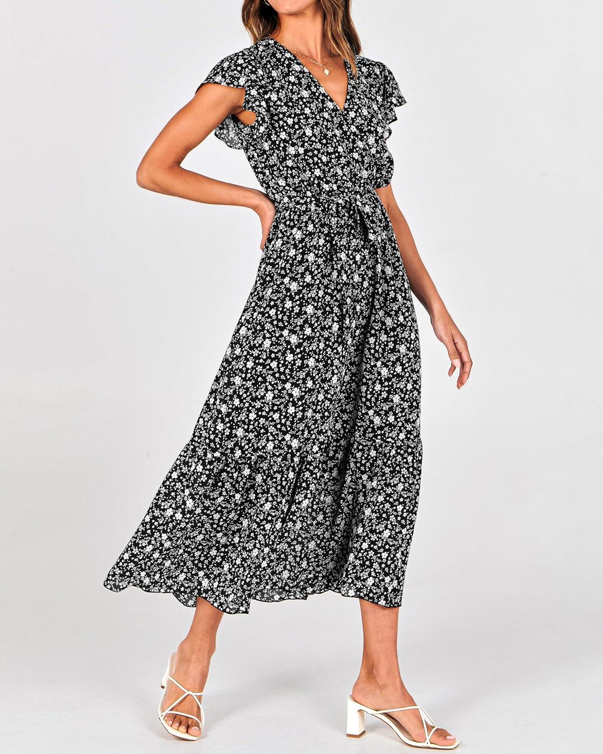 imageBTFBM Women Summer Bohemian Floral Casual Wrap V Neck Ruffle Cap Sleeveless Belt ALine Pleated Hem Midi Sun Dress WhiteFloral White Black