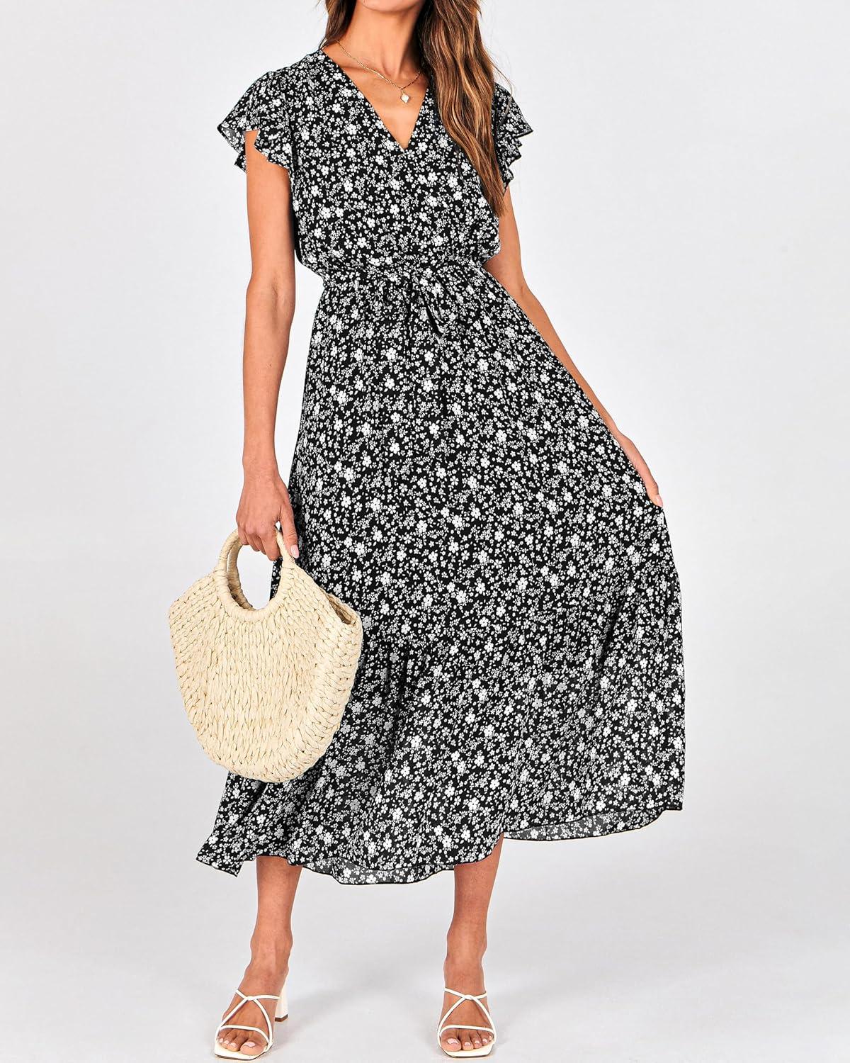 imageBTFBM Women Summer Bohemian Floral Casual Wrap V Neck Ruffle Cap Sleeveless Belt ALine Pleated Hem Midi Sun Dress WhiteFloral White Black