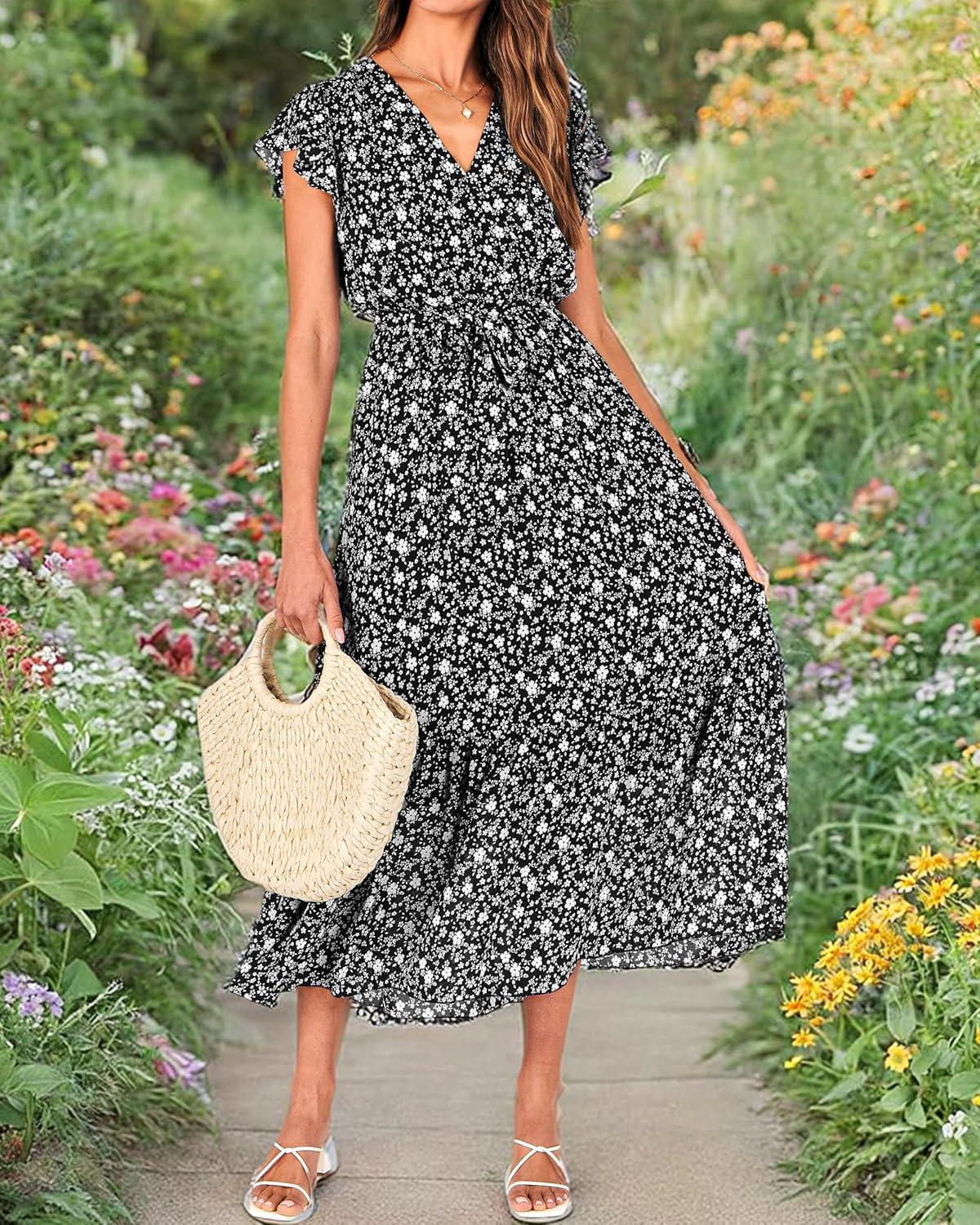 imageBTFBM Women Summer Bohemian Floral Casual Wrap V Neck Ruffle Cap Sleeveless Belt ALine Pleated Hem Midi Sun Dress WhiteFloral White Black