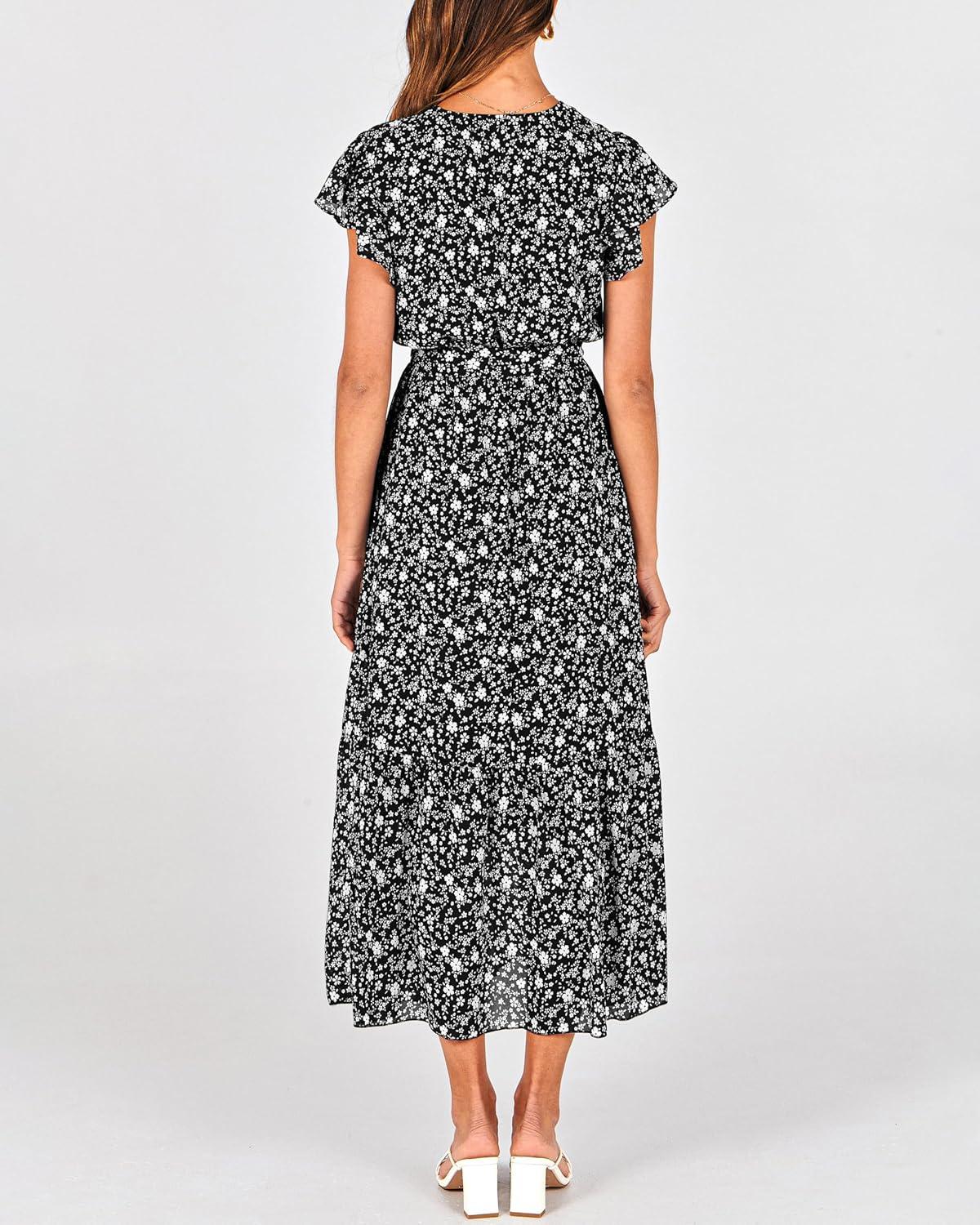 imageBTFBM Women Summer Bohemian Floral Casual Wrap V Neck Ruffle Cap Sleeveless Belt ALine Pleated Hem Midi Sun Dress WhiteFloral White Black