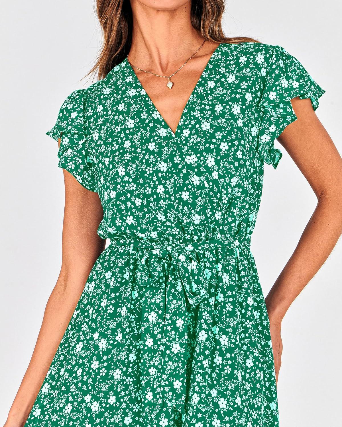 imageBTFBM Women Summer Bohemian Floral Casual Wrap V Neck Ruffle Cap Sleeveless Belt ALine Pleated Hem Midi Sun Dress WhiteFloral White Green