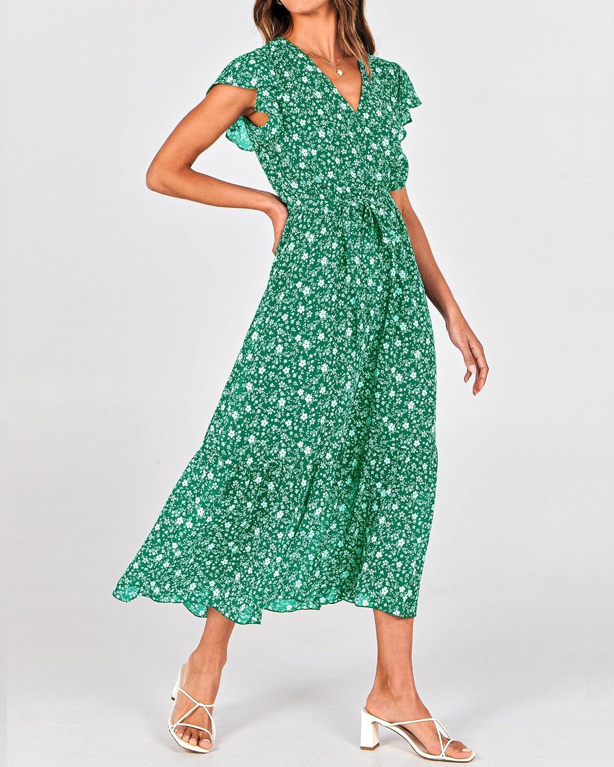 imageBTFBM Women Summer Bohemian Floral Casual Wrap V Neck Ruffle Cap Sleeveless Belt ALine Pleated Hem Midi Sun Dress WhiteFloral White Green