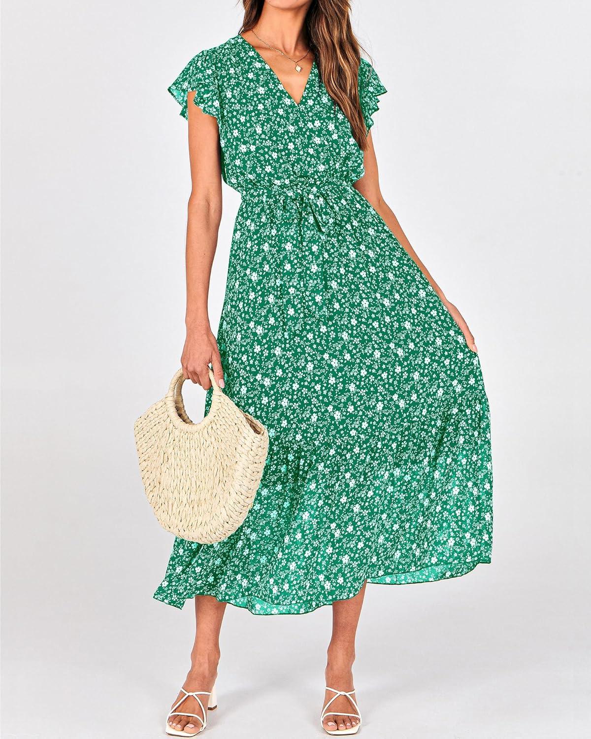 imageBTFBM Women Summer Bohemian Floral Casual Wrap V Neck Ruffle Cap Sleeveless Belt ALine Pleated Hem Midi Sun Dress WhiteFloral White Green