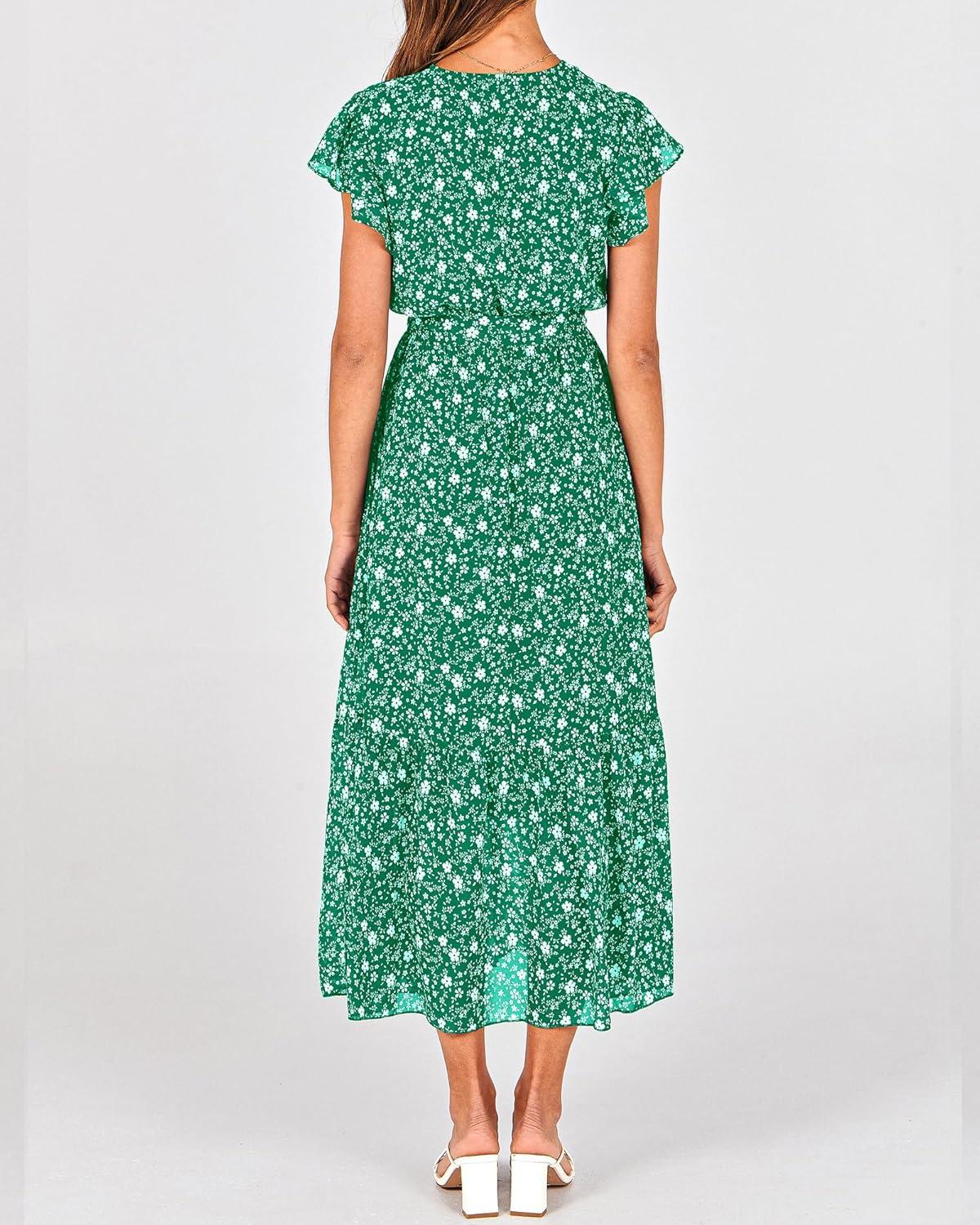 imageBTFBM Women Summer Bohemian Floral Casual Wrap V Neck Ruffle Cap Sleeveless Belt ALine Pleated Hem Midi Sun Dress WhiteFloral White Green
