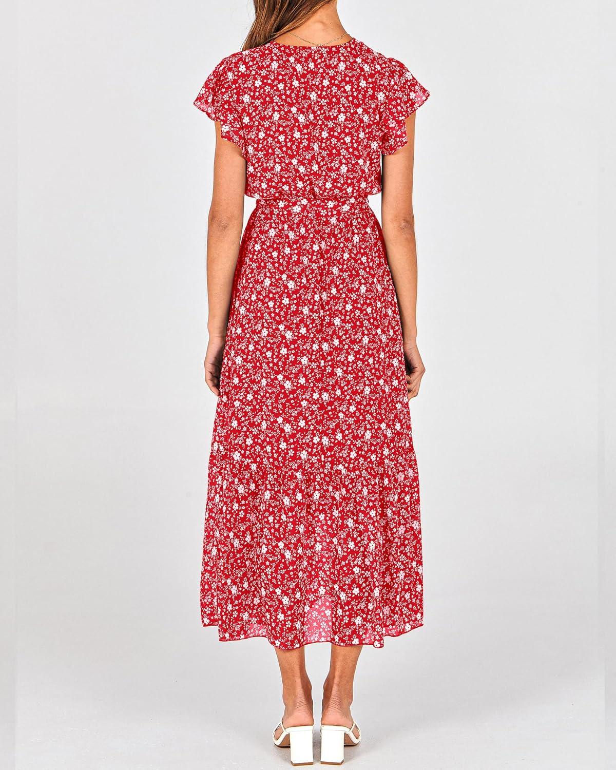 imageBTFBM Women Summer Bohemian Floral Casual Wrap V Neck Ruffle Cap Sleeveless Belt ALine Pleated Hem Midi Sun Dress WhiteFloral White Red