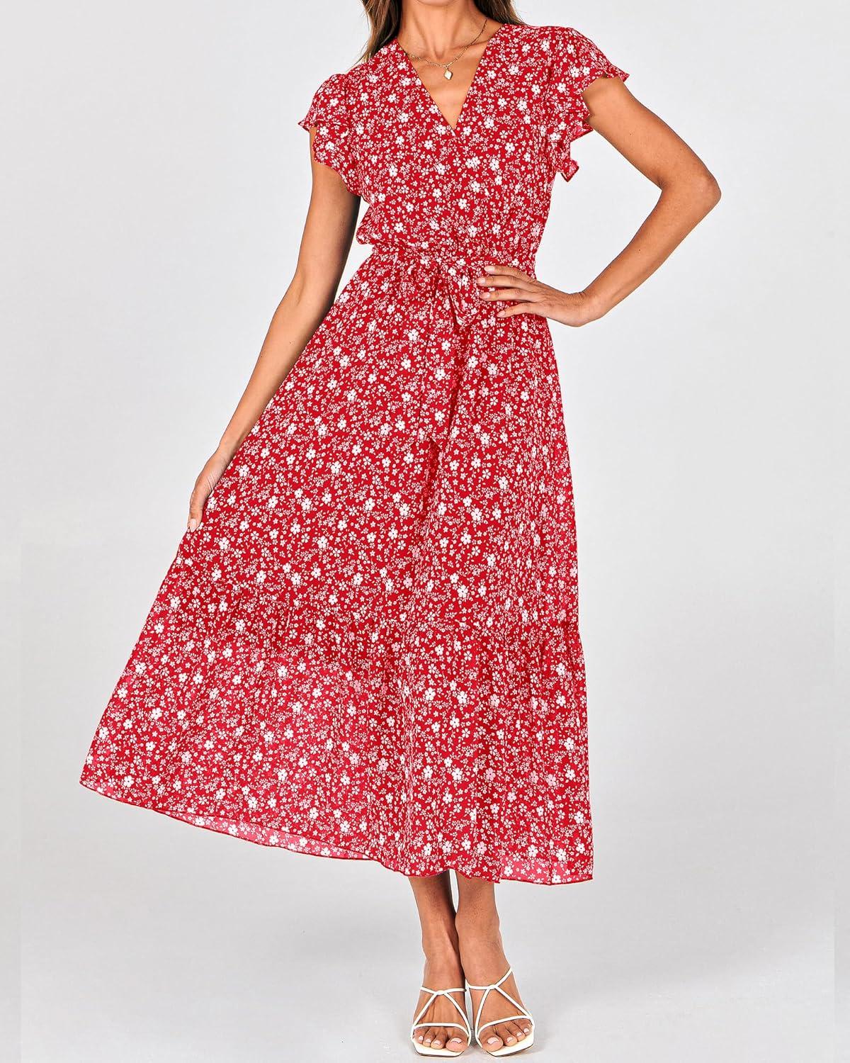 imageBTFBM Women Summer Bohemian Floral Casual Wrap V Neck Ruffle Cap Sleeveless Belt ALine Pleated Hem Midi Sun Dress WhiteFloral White Red