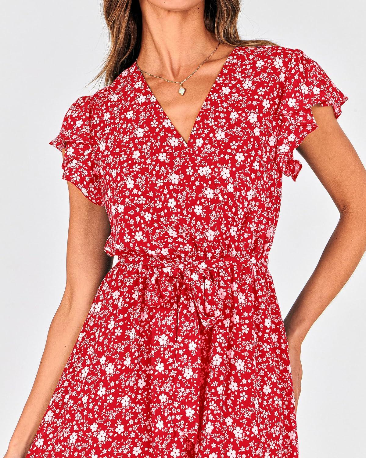 imageBTFBM Women Summer Bohemian Floral Casual Wrap V Neck Ruffle Cap Sleeveless Belt ALine Pleated Hem Midi Sun Dress WhiteFloral White Red