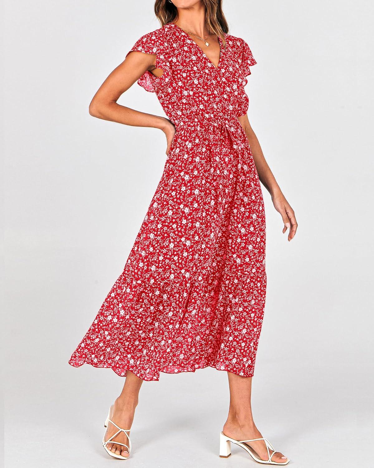 imageBTFBM Women Summer Bohemian Floral Casual Wrap V Neck Ruffle Cap Sleeveless Belt ALine Pleated Hem Midi Sun Dress WhiteFloral White Red