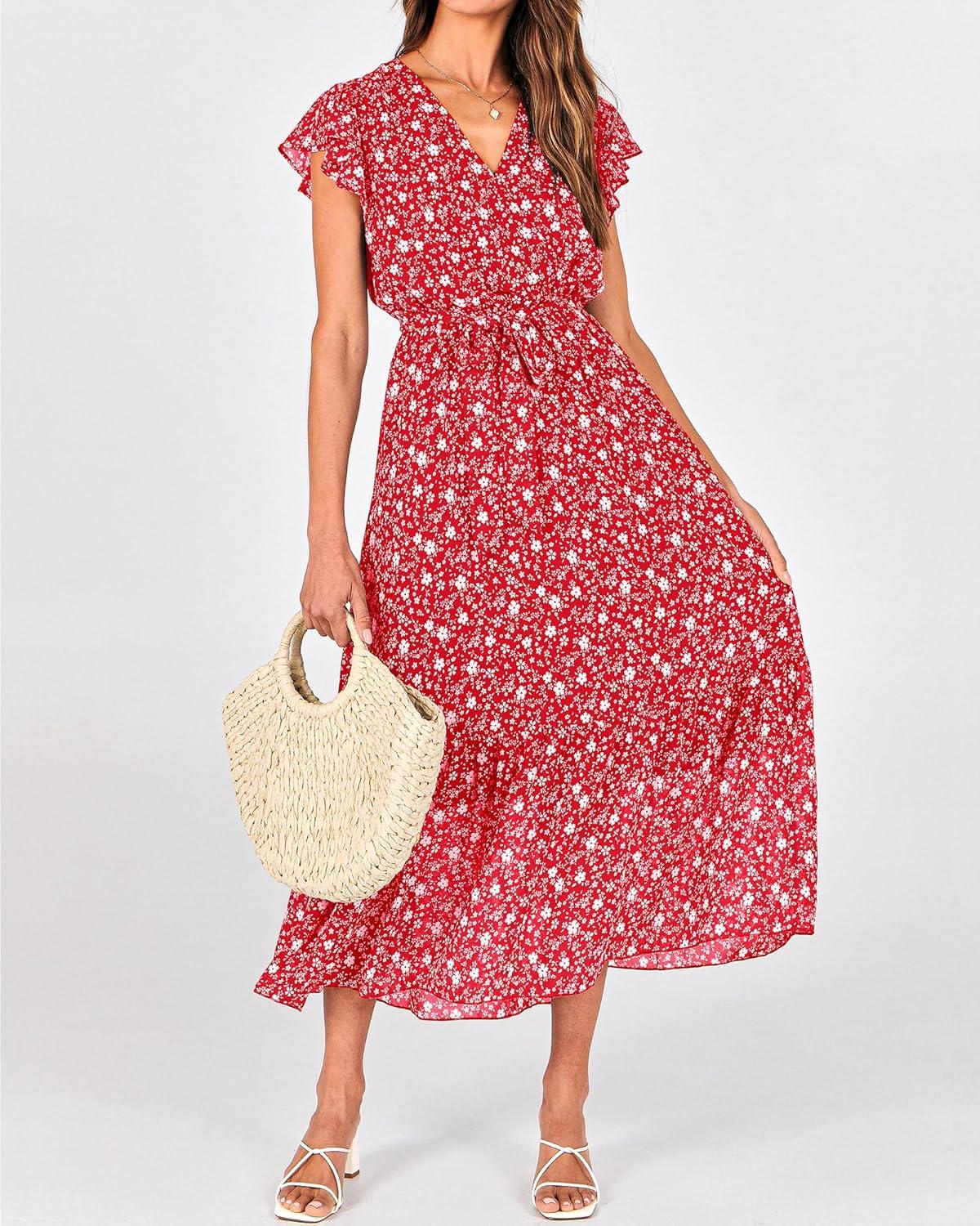 imageBTFBM Women Summer Bohemian Floral Casual Wrap V Neck Ruffle Cap Sleeveless Belt ALine Pleated Hem Midi Sun Dress WhiteFloral White Red