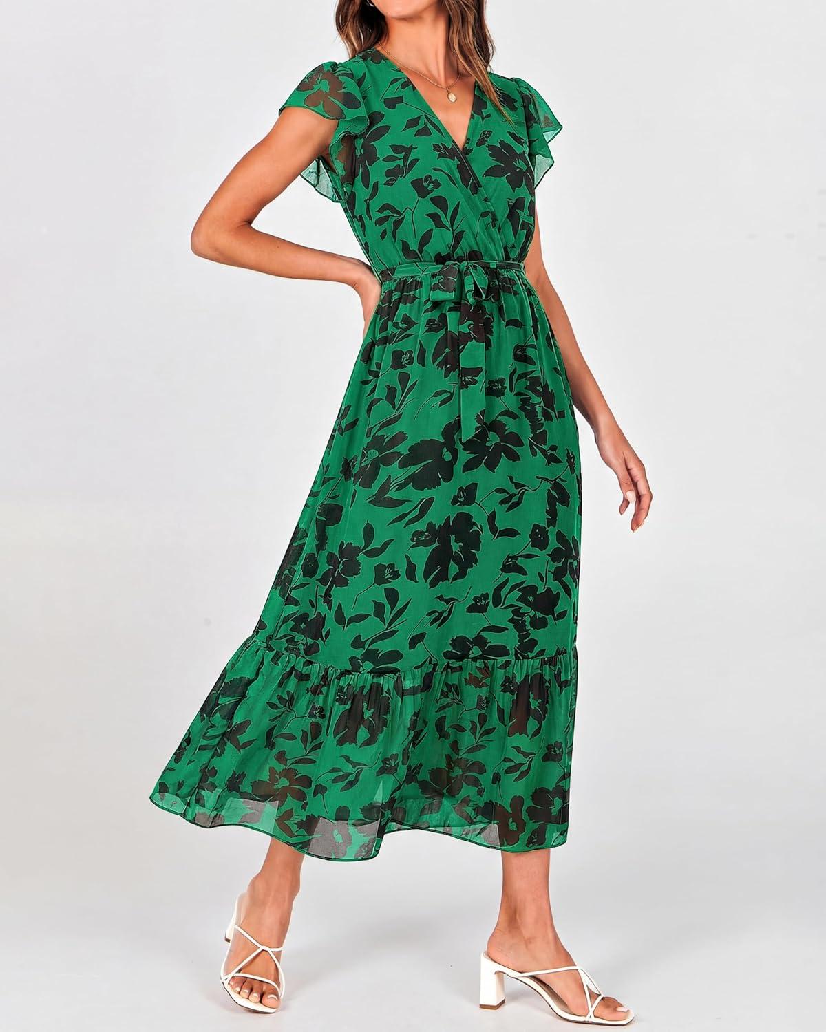 imageBTFBM Women Summer Bohemian Floral Casual Wrap V Neck Ruffle Cap Sleeveless Belt ALine Pleated Hem Midi Sun Dress WhiteGreen Big Floral