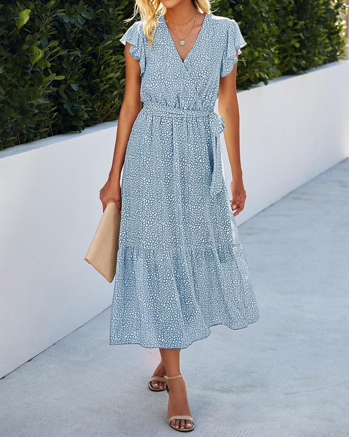 imageBTFBM Women Summer Bohemian Floral Casual Wrap V Neck Ruffle Cap Sleeveless Belt ALine Pleated Hem Midi Sun Dress WhiteLight Blue