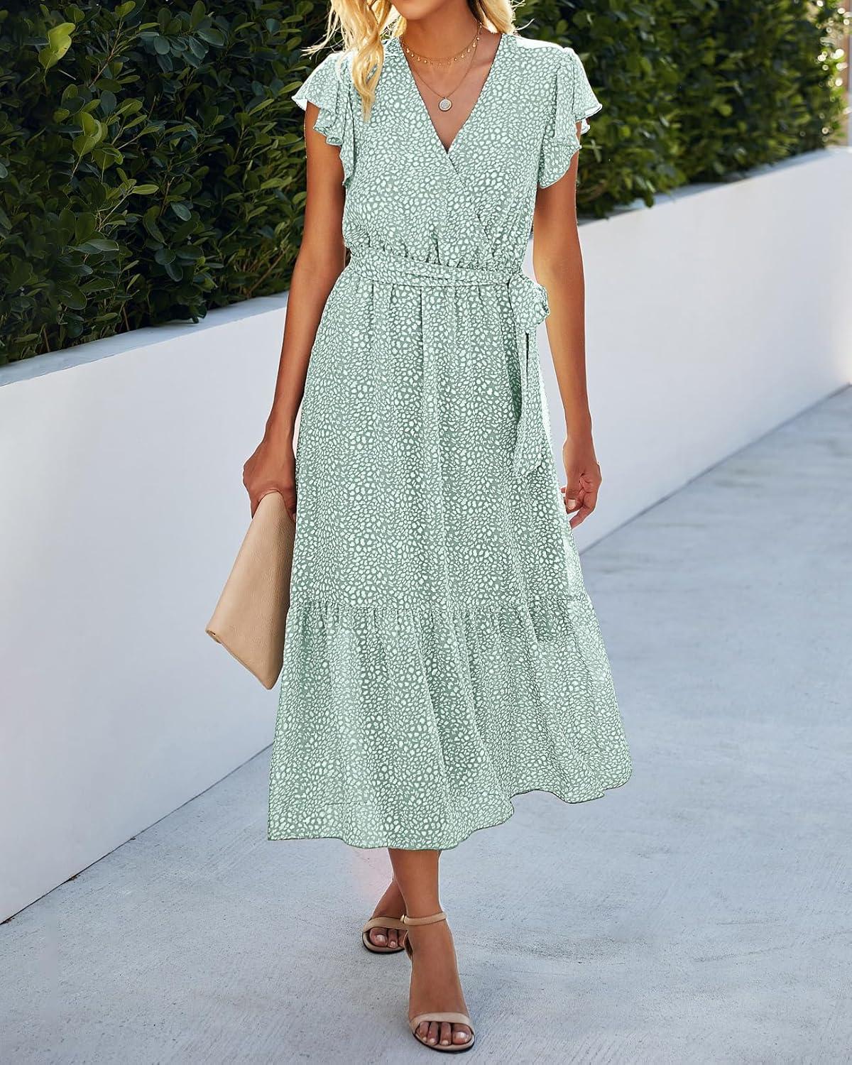 imageBTFBM Women Summer Bohemian Floral Casual Wrap V Neck Ruffle Cap Sleeveless Belt ALine Pleated Hem Midi Sun Dress WhiteLight Green