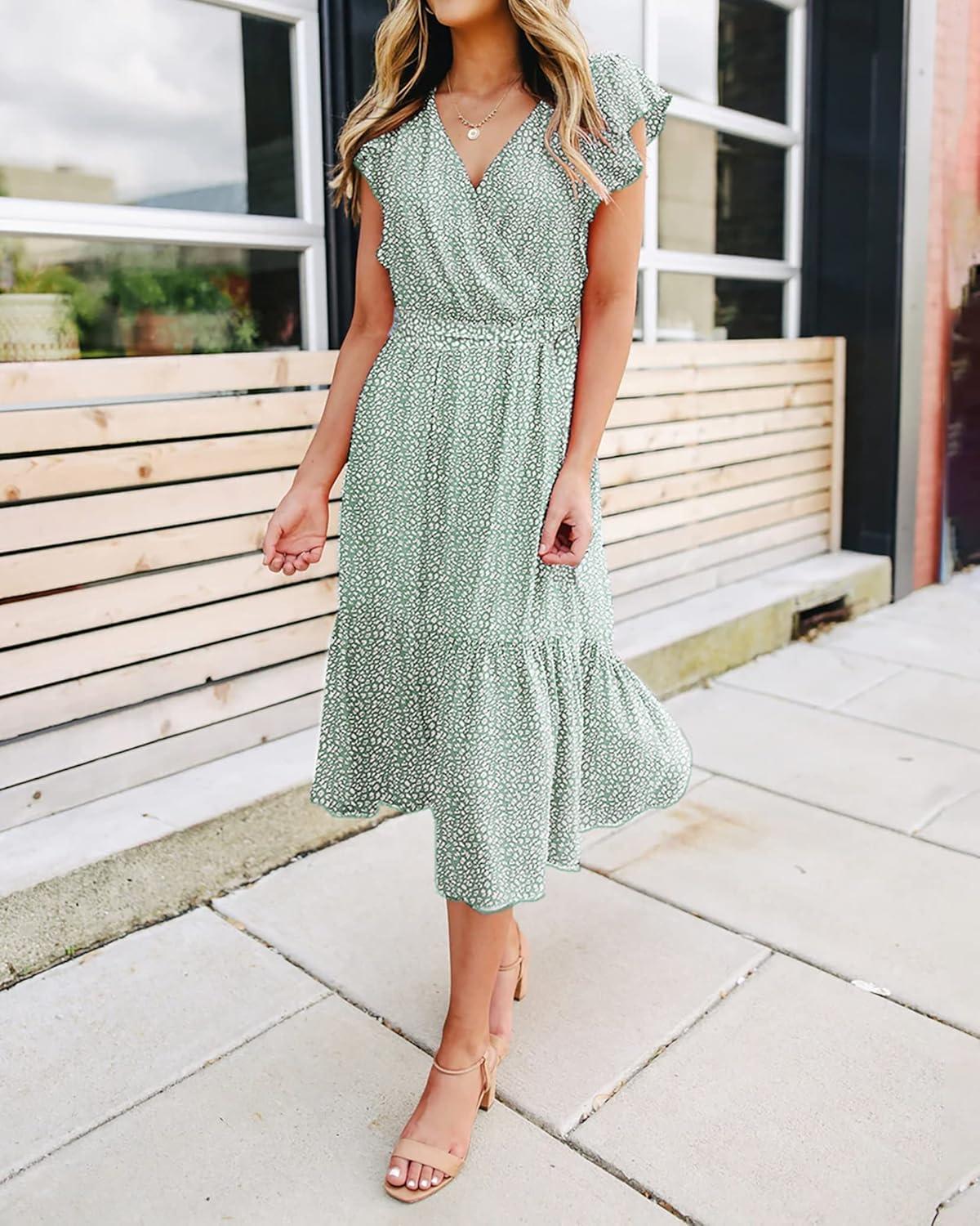 imageBTFBM Women Summer Bohemian Floral Casual Wrap V Neck Ruffle Cap Sleeveless Belt ALine Pleated Hem Midi Sun Dress WhiteLight Green