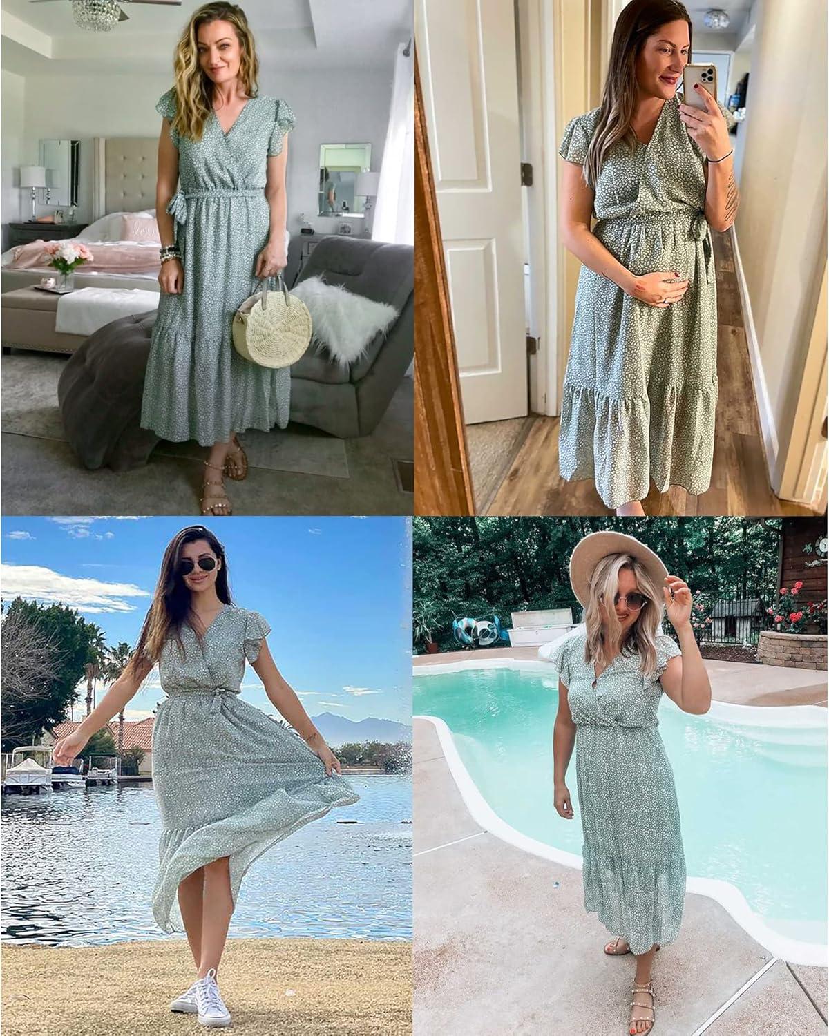 imageBTFBM Women Summer Bohemian Floral Casual Wrap V Neck Ruffle Cap Sleeveless Belt ALine Pleated Hem Midi Sun Dress WhiteLight Green