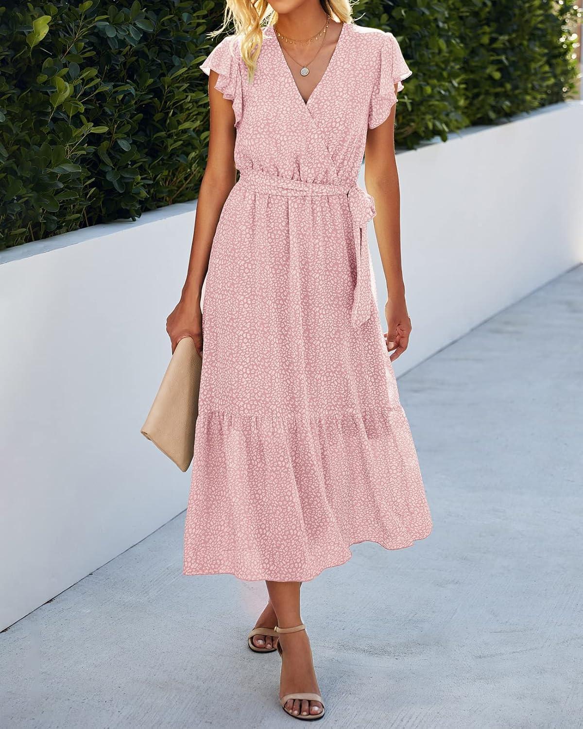 imageBTFBM Women Summer Bohemian Floral Casual Wrap V Neck Ruffle Cap Sleeveless Belt ALine Pleated Hem Midi Sun Dress WhitePink