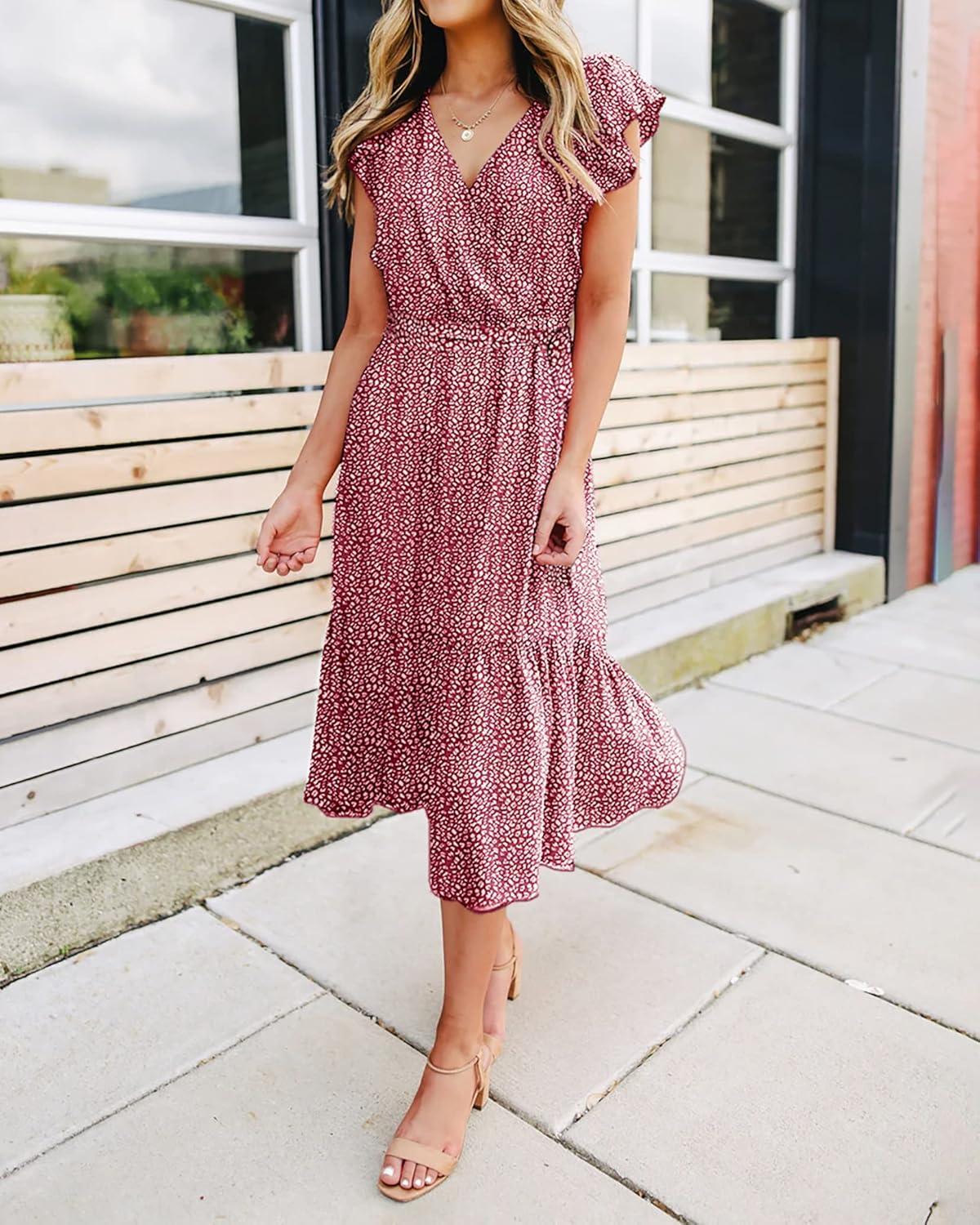 imageBTFBM Women Summer Bohemian Floral Casual Wrap V Neck Ruffle Cap Sleeveless Belt ALine Pleated Hem Midi Sun Dress WhiteRed