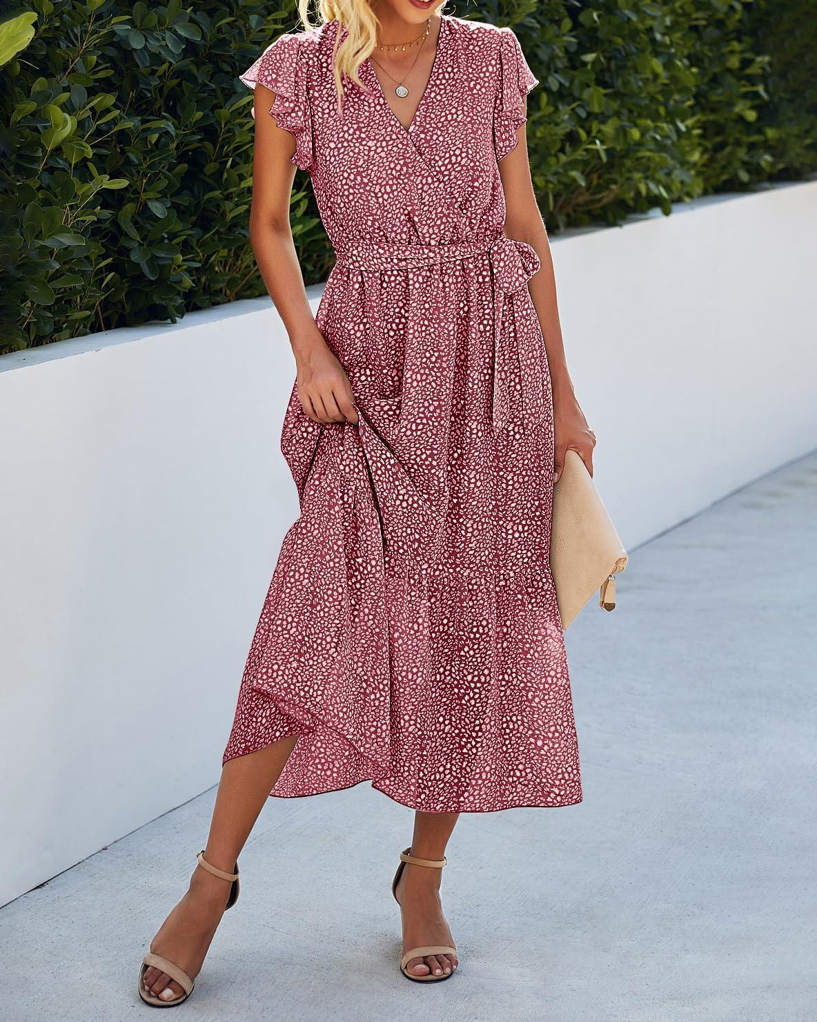 imageBTFBM Women Summer Bohemian Floral Casual Wrap V Neck Ruffle Cap Sleeveless Belt ALine Pleated Hem Midi Sun Dress WhiteRed