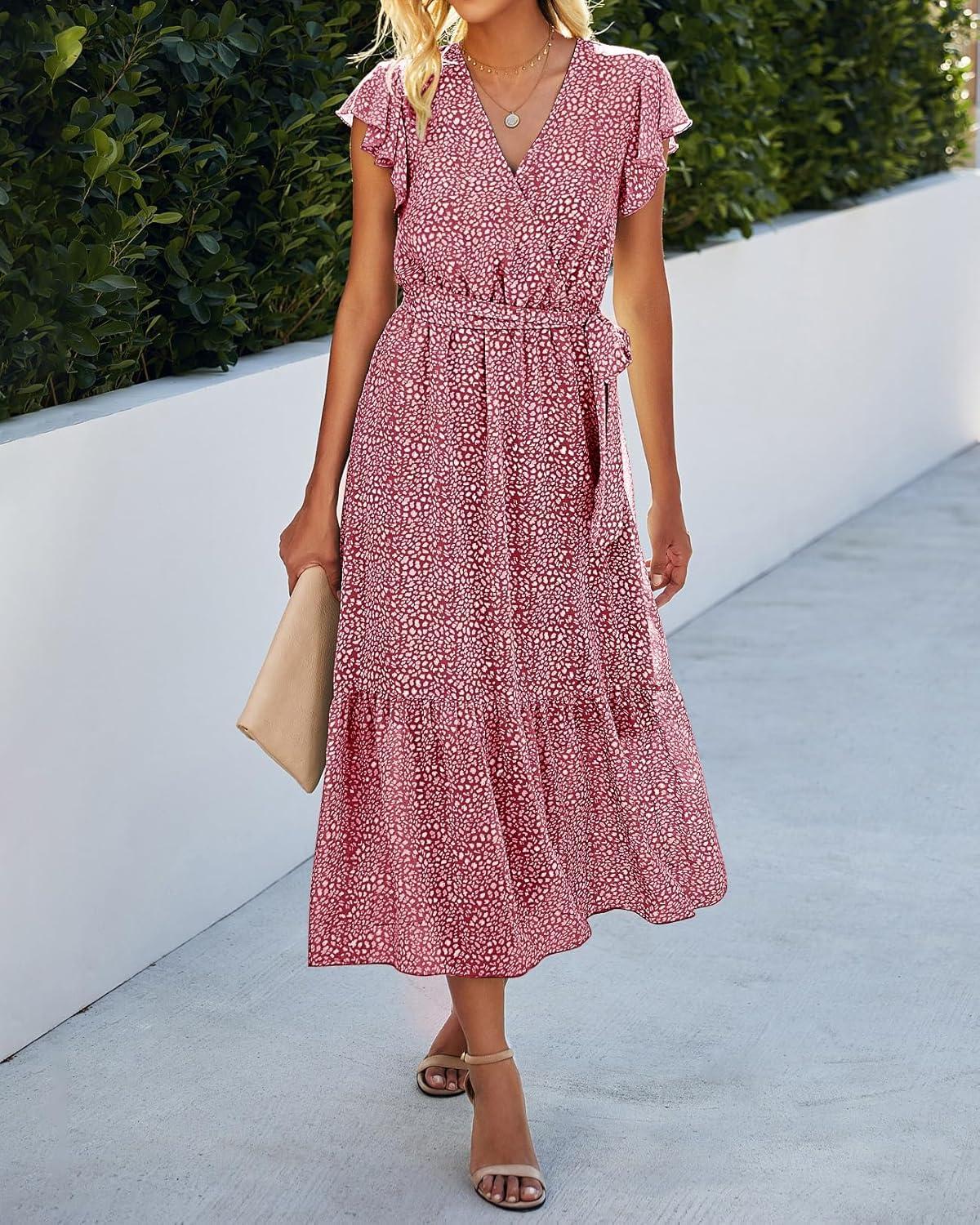 imageBTFBM Women Summer Bohemian Floral Casual Wrap V Neck Ruffle Cap Sleeveless Belt ALine Pleated Hem Midi Sun Dress WhiteRed