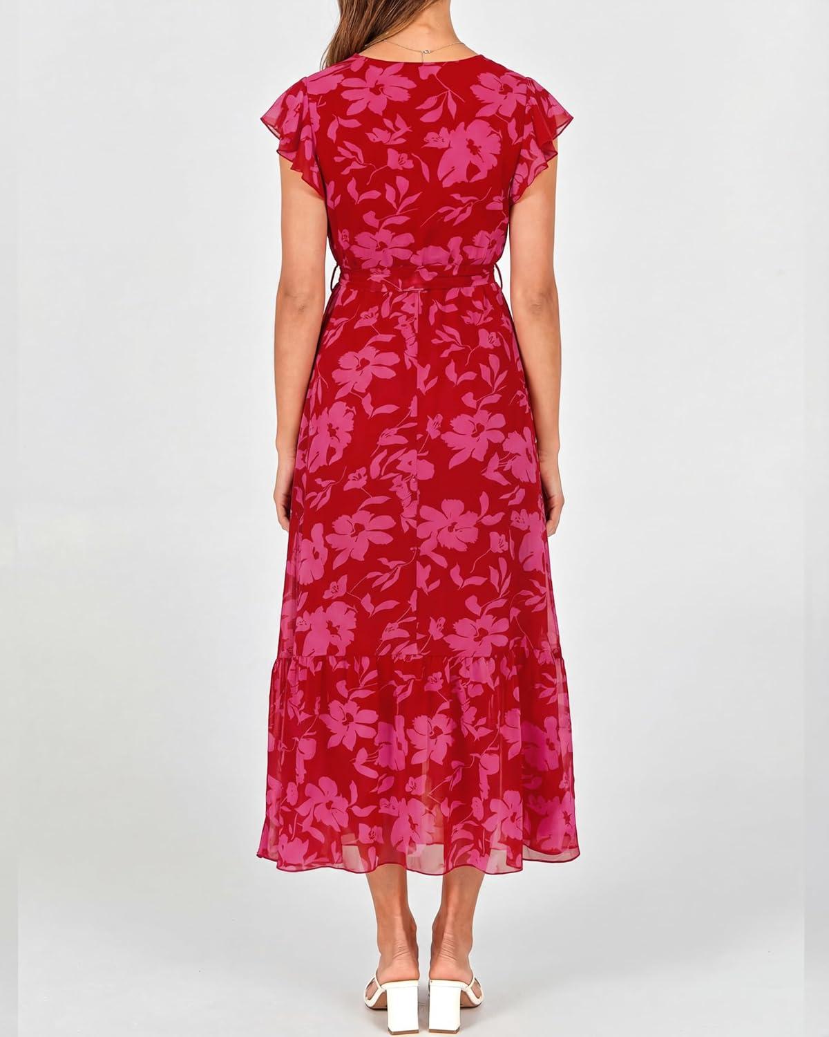 imageBTFBM Women Summer Bohemian Floral Casual Wrap V Neck Ruffle Cap Sleeveless Belt ALine Pleated Hem Midi Sun Dress WhiteRed Big Floral