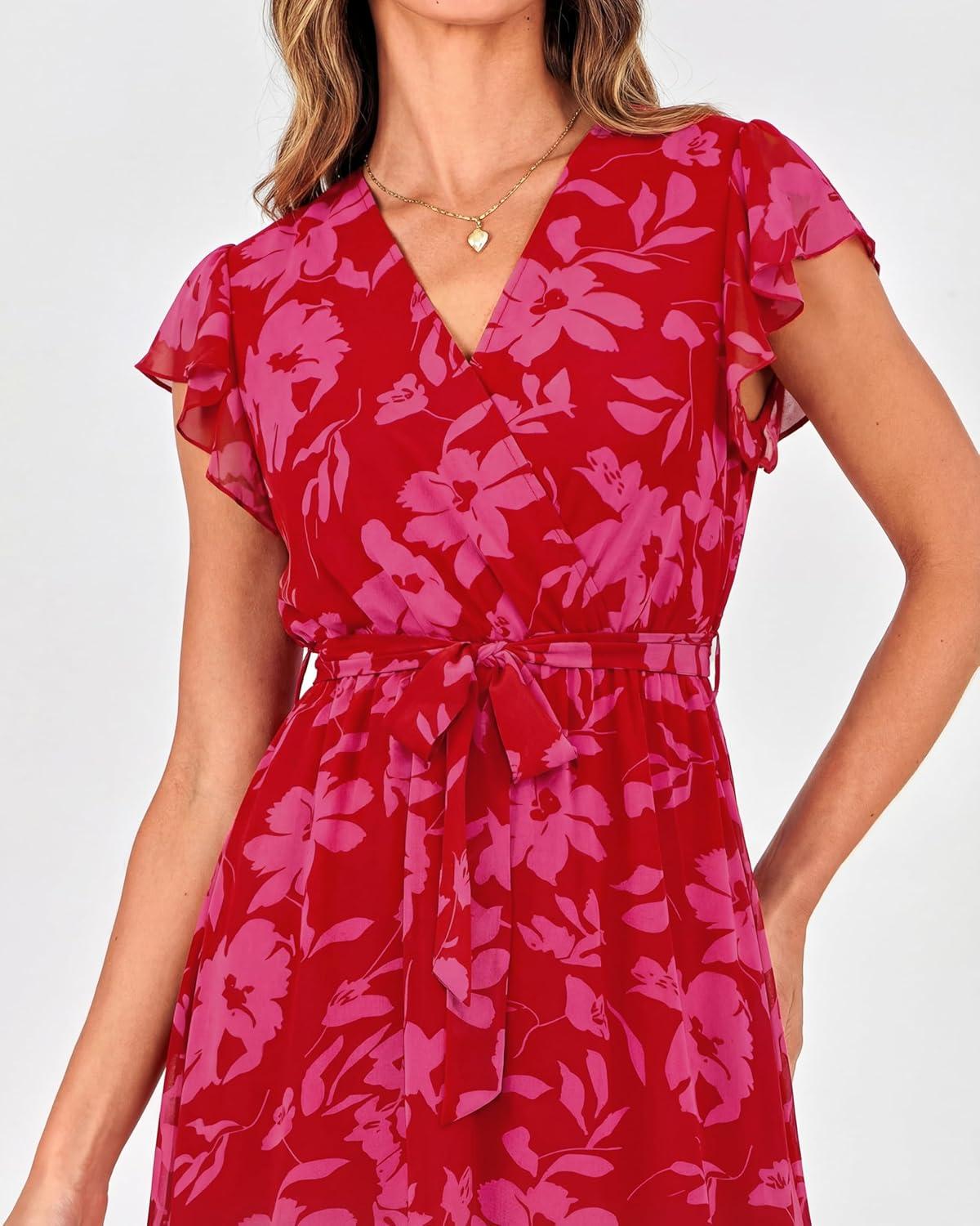 imageBTFBM Women Summer Bohemian Floral Casual Wrap V Neck Ruffle Cap Sleeveless Belt ALine Pleated Hem Midi Sun Dress WhiteRed Big Floral