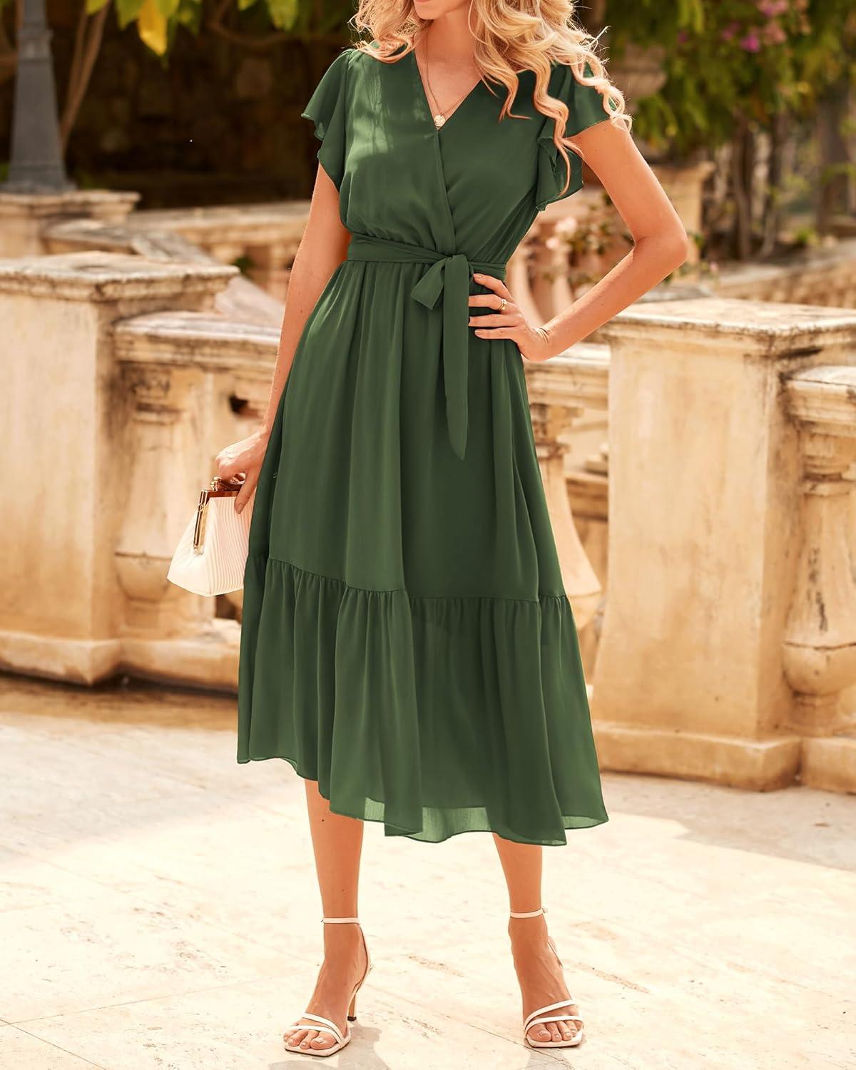 imageBTFBM Women Summer Bohemian Floral Casual Wrap V Neck Ruffle Cap Sleeveless Belt ALine Pleated Hem Midi Sun Dress WhiteSolid Army Green