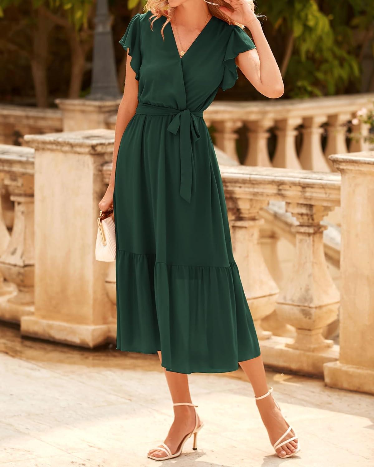 imageBTFBM Women Summer Bohemian Floral Casual Wrap V Neck Ruffle Cap Sleeveless Belt ALine Pleated Hem Midi Sun Dress WhiteSolid Dark Green