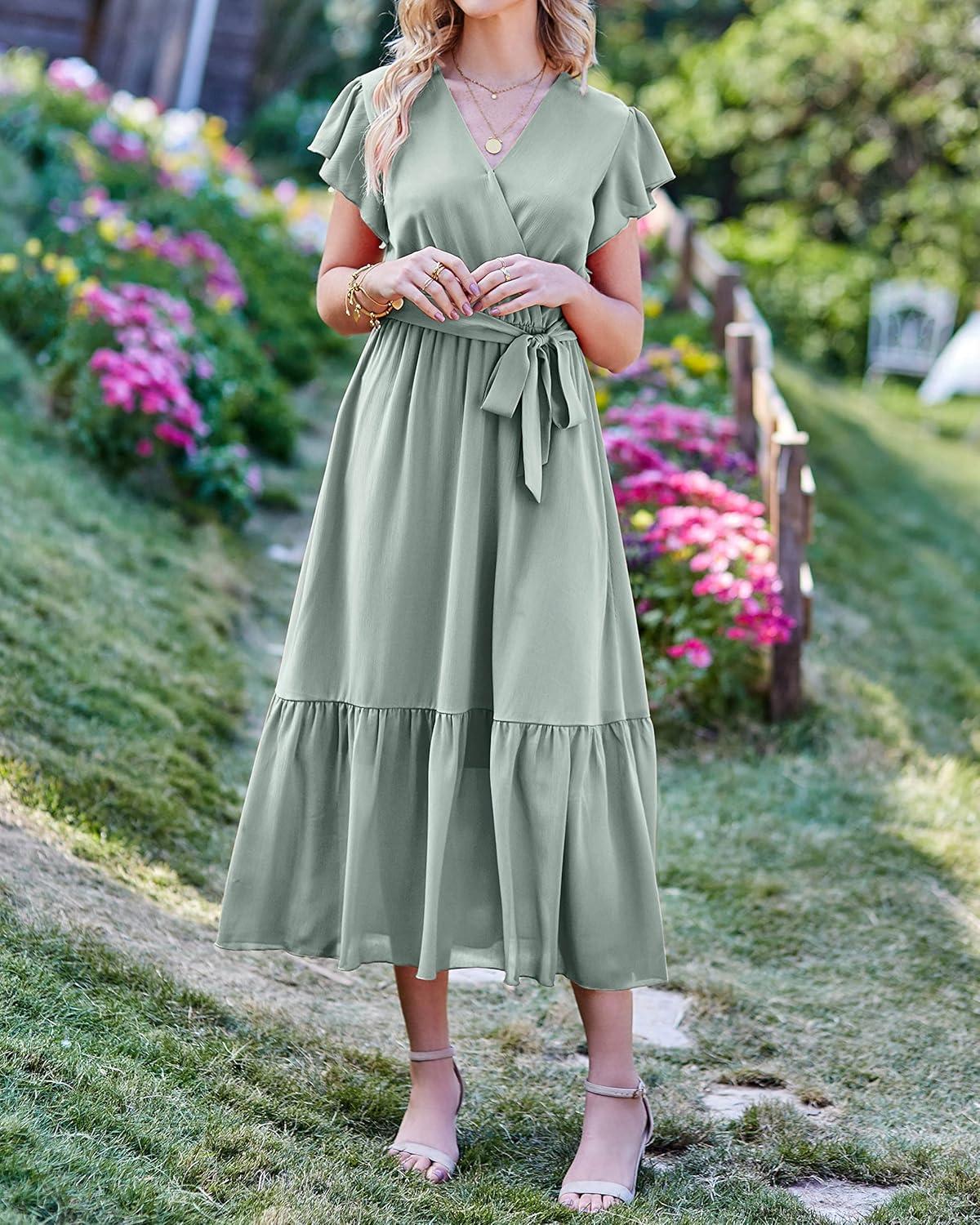 imageBTFBM Women Summer Bohemian Floral Casual Wrap V Neck Ruffle Cap Sleeveless Belt ALine Pleated Hem Midi Sun Dress WhiteSolid Green