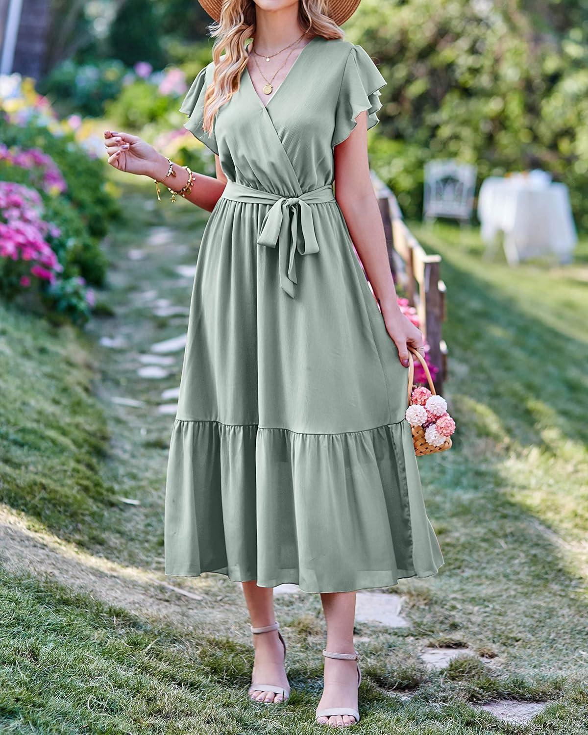 imageBTFBM Women Summer Bohemian Floral Casual Wrap V Neck Ruffle Cap Sleeveless Belt ALine Pleated Hem Midi Sun Dress WhiteSolid Green