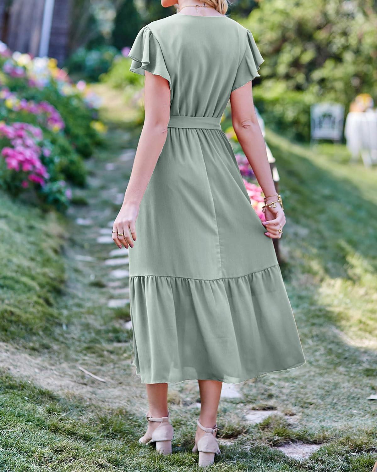 imageBTFBM Women Summer Bohemian Floral Casual Wrap V Neck Ruffle Cap Sleeveless Belt ALine Pleated Hem Midi Sun Dress WhiteSolid Green