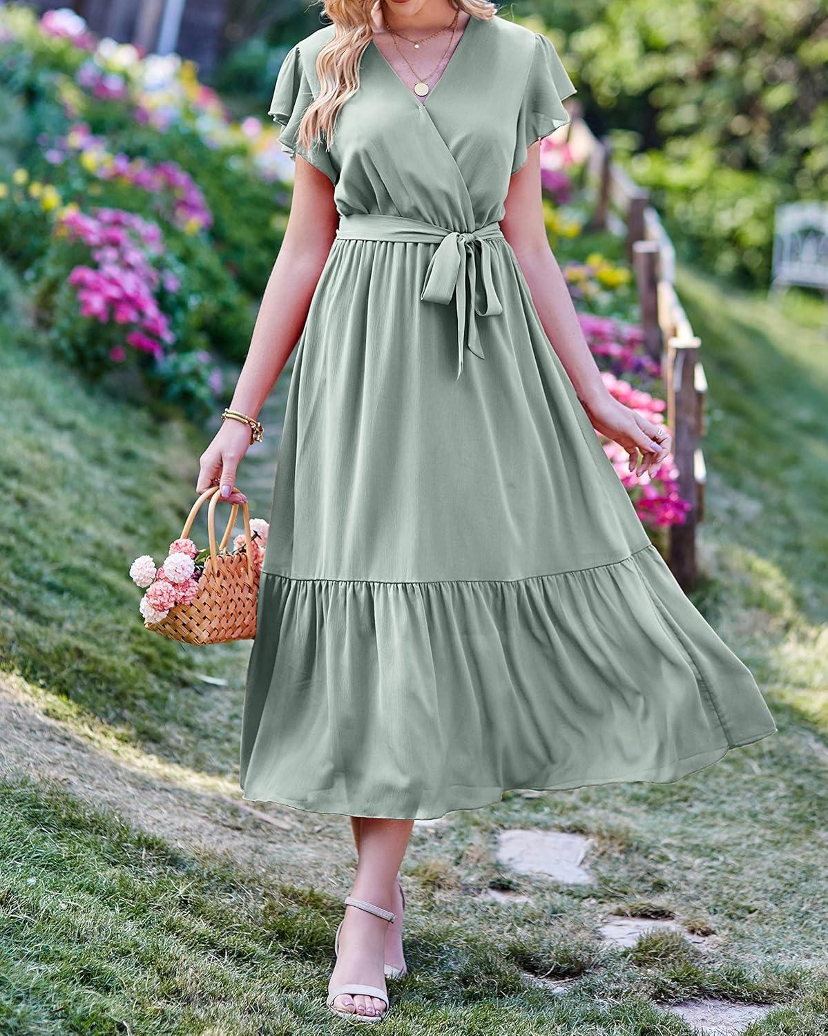 imageBTFBM Women Summer Bohemian Floral Casual Wrap V Neck Ruffle Cap Sleeveless Belt ALine Pleated Hem Midi Sun Dress WhiteSolid Green