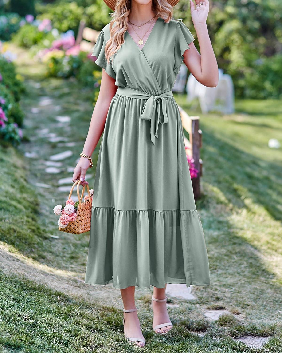 imageBTFBM Women Summer Bohemian Floral Casual Wrap V Neck Ruffle Cap Sleeveless Belt ALine Pleated Hem Midi Sun Dress WhiteSolid Green