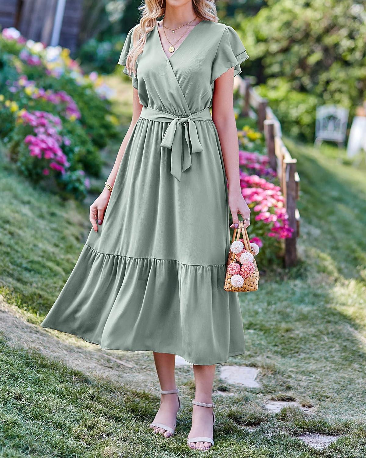 imageBTFBM Women Summer Bohemian Floral Casual Wrap V Neck Ruffle Cap Sleeveless Belt ALine Pleated Hem Midi Sun Dress WhiteSolid Green