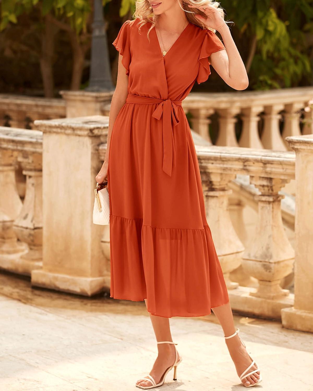 imageBTFBM Women Summer Bohemian Floral Casual Wrap V Neck Ruffle Cap Sleeveless Belt ALine Pleated Hem Midi Sun Dress WhiteSolid Orange Red
