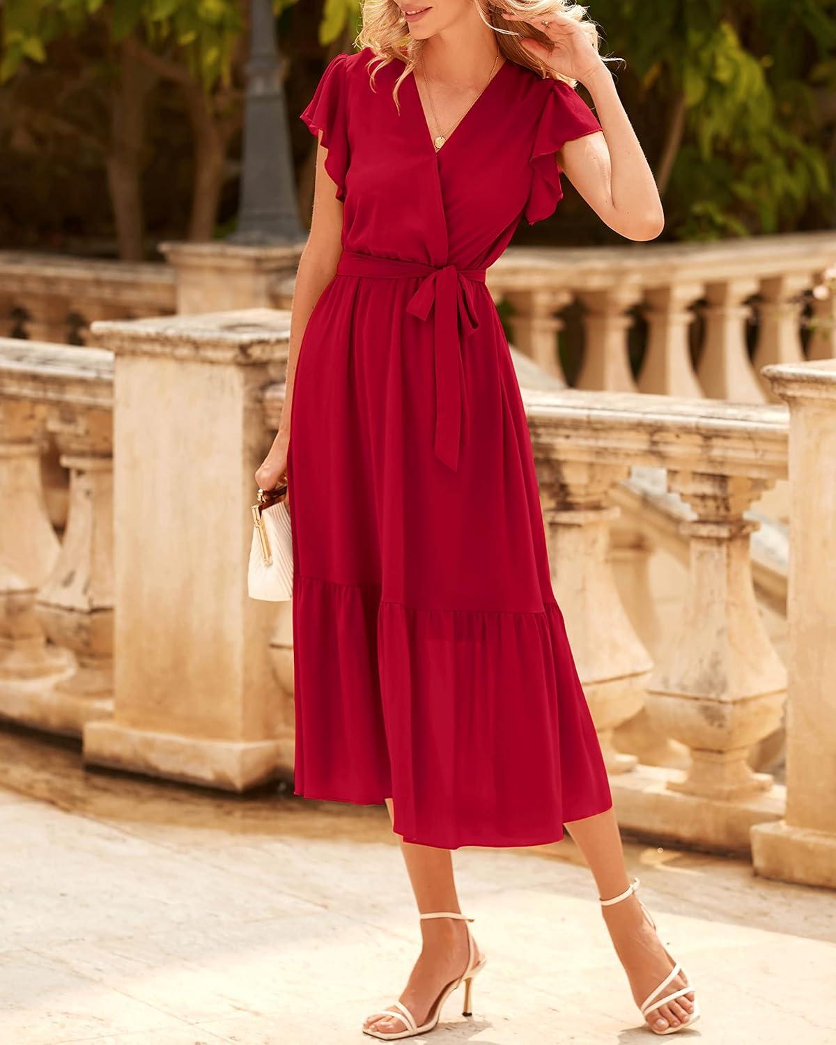 imageBTFBM Women Summer Bohemian Floral Casual Wrap V Neck Ruffle Cap Sleeveless Belt ALine Pleated Hem Midi Sun Dress WhiteSolid Red