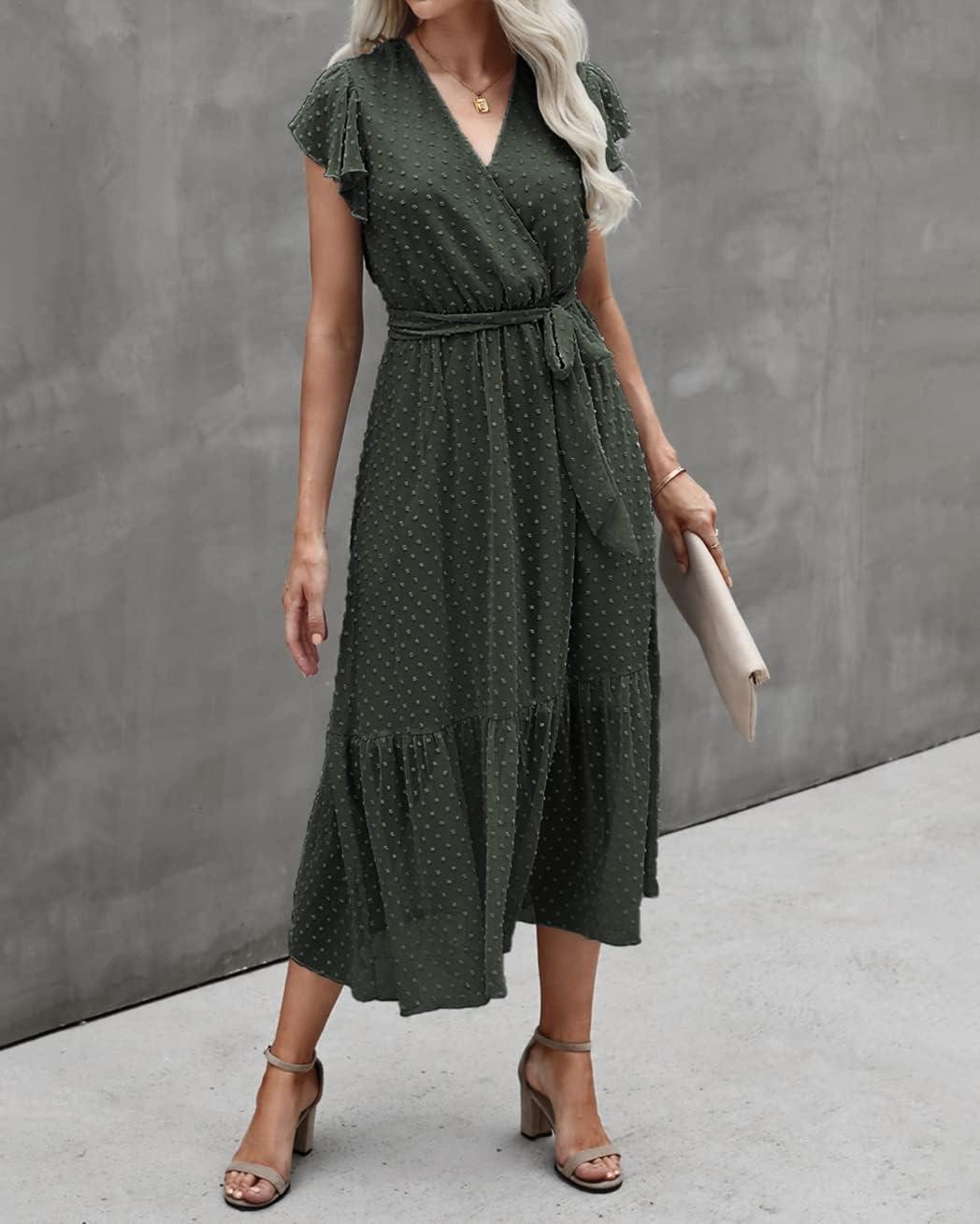 imageBTFBM Women Summer Bohemian Floral Casual Wrap V Neck Ruffle Cap Sleeveless Belt ALine Pleated Hem Midi Sun Dress WhiteSwiss Dot Army Green
