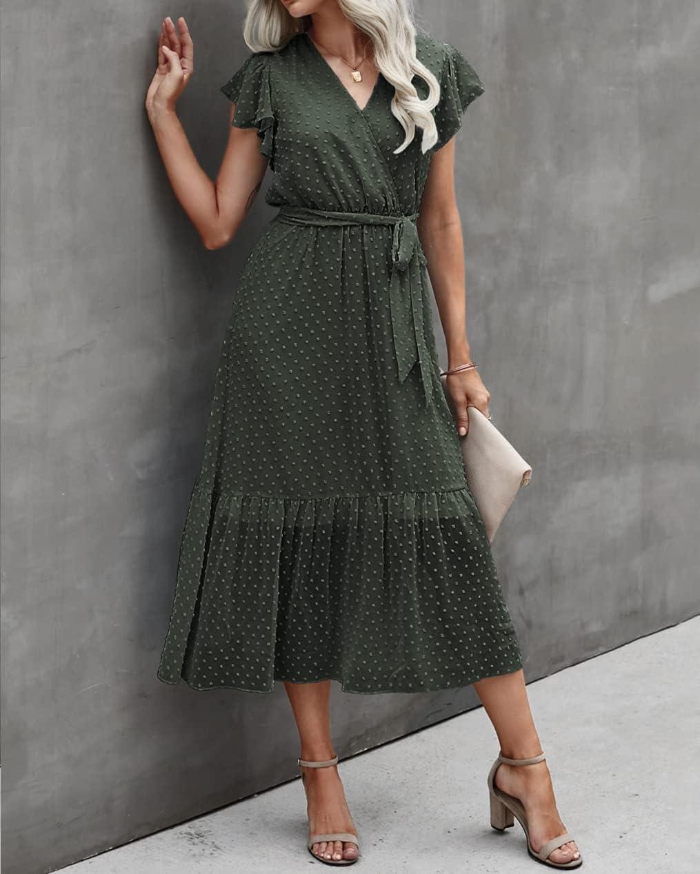 imageBTFBM Women Summer Bohemian Floral Casual Wrap V Neck Ruffle Cap Sleeveless Belt ALine Pleated Hem Midi Sun Dress WhiteSwiss Dot Army Green