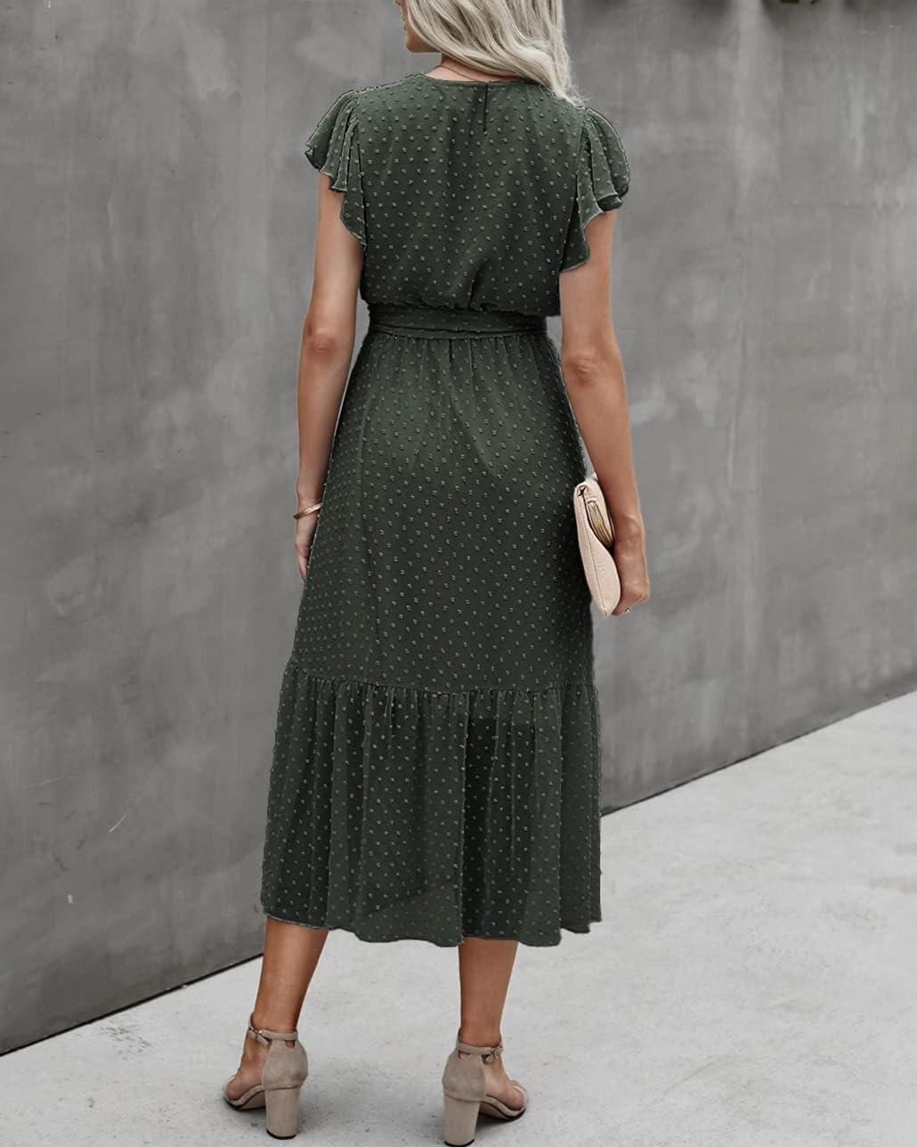imageBTFBM Women Summer Bohemian Floral Casual Wrap V Neck Ruffle Cap Sleeveless Belt ALine Pleated Hem Midi Sun Dress WhiteSwiss Dot Army Green