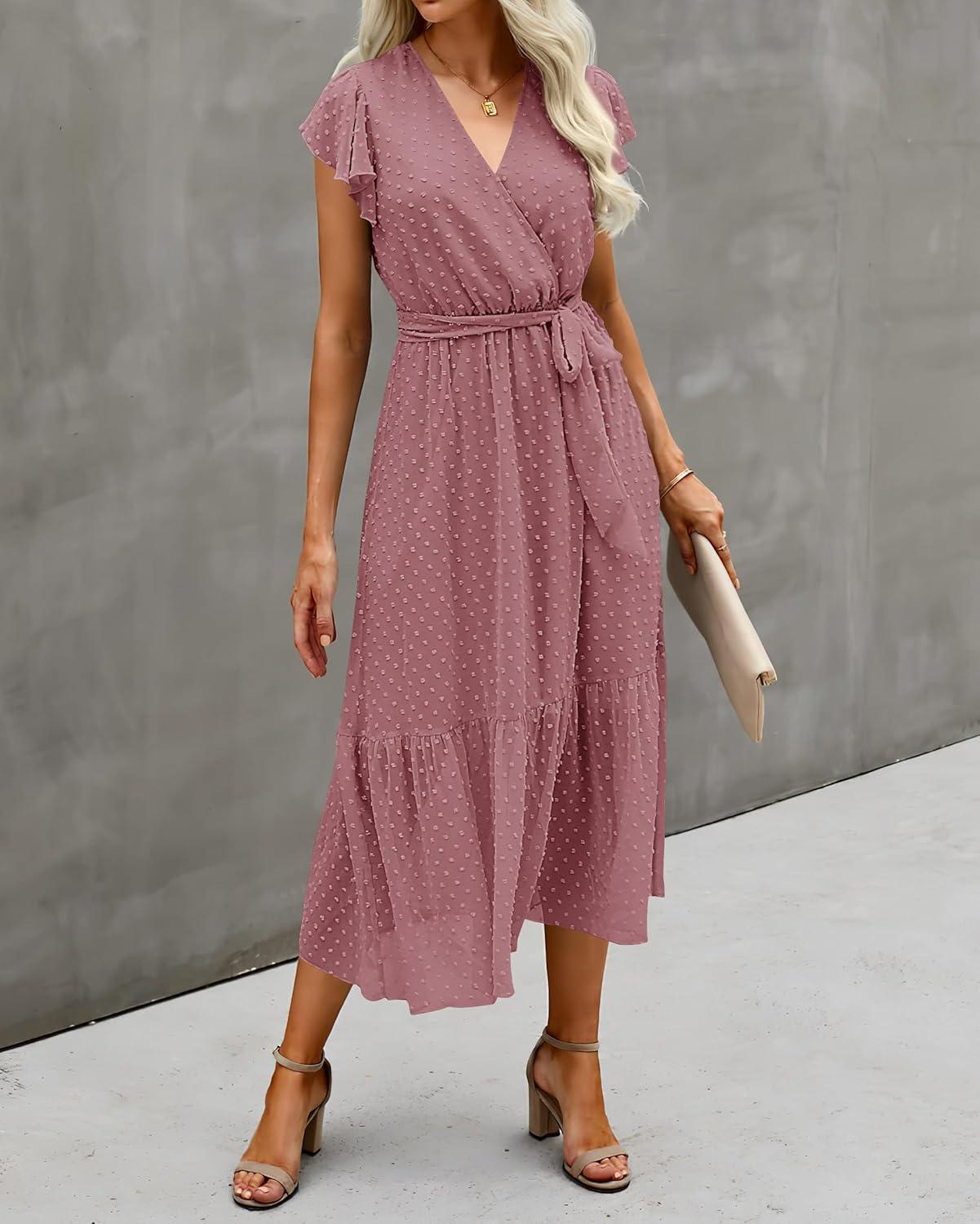 imageBTFBM Women Summer Bohemian Floral Casual Wrap V Neck Ruffle Cap Sleeveless Belt ALine Pleated Hem Midi Sun Dress WhiteSwiss Dot Bean Paste Red