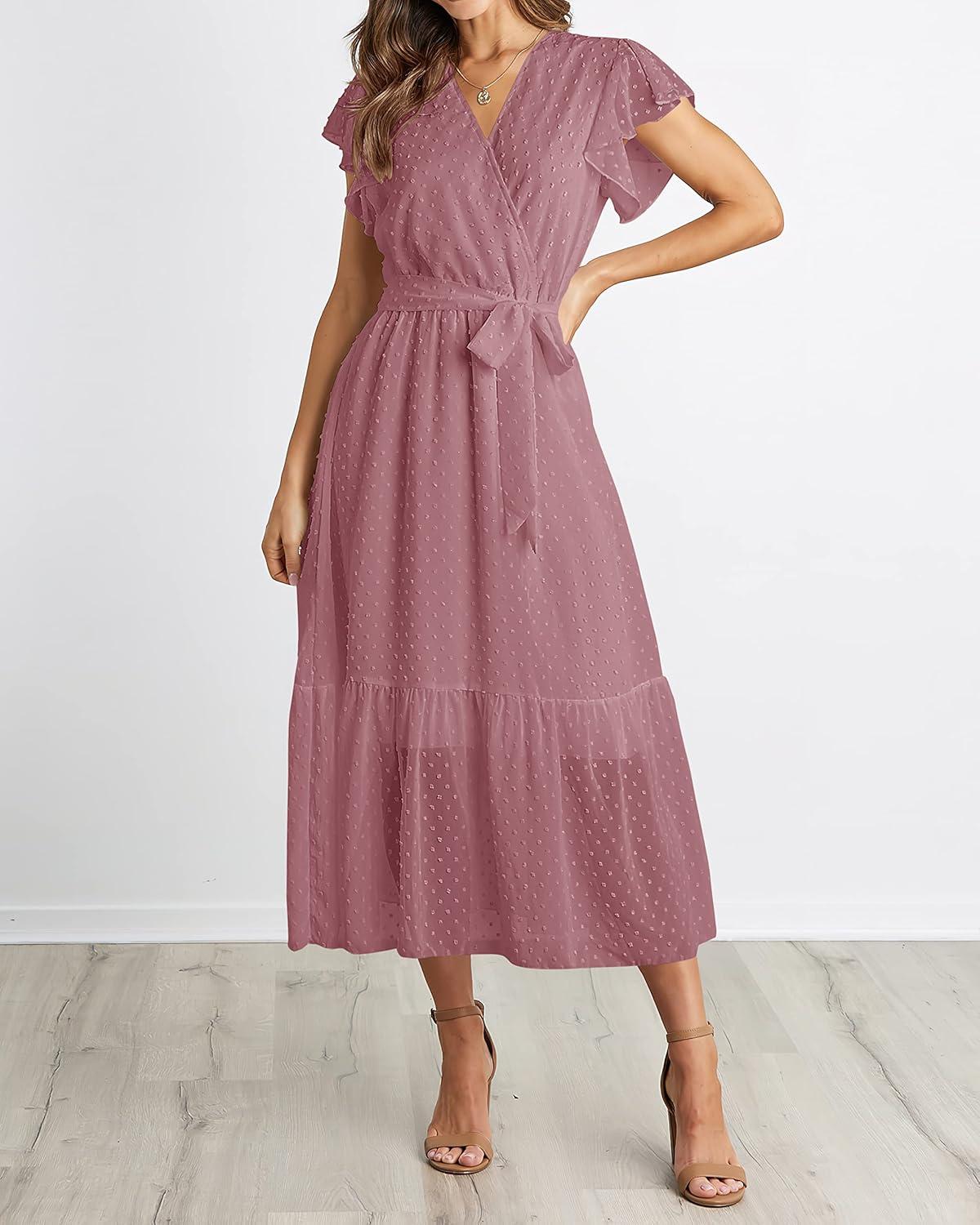 imageBTFBM Women Summer Bohemian Floral Casual Wrap V Neck Ruffle Cap Sleeveless Belt ALine Pleated Hem Midi Sun Dress WhiteSwiss Dot Bean Paste Red