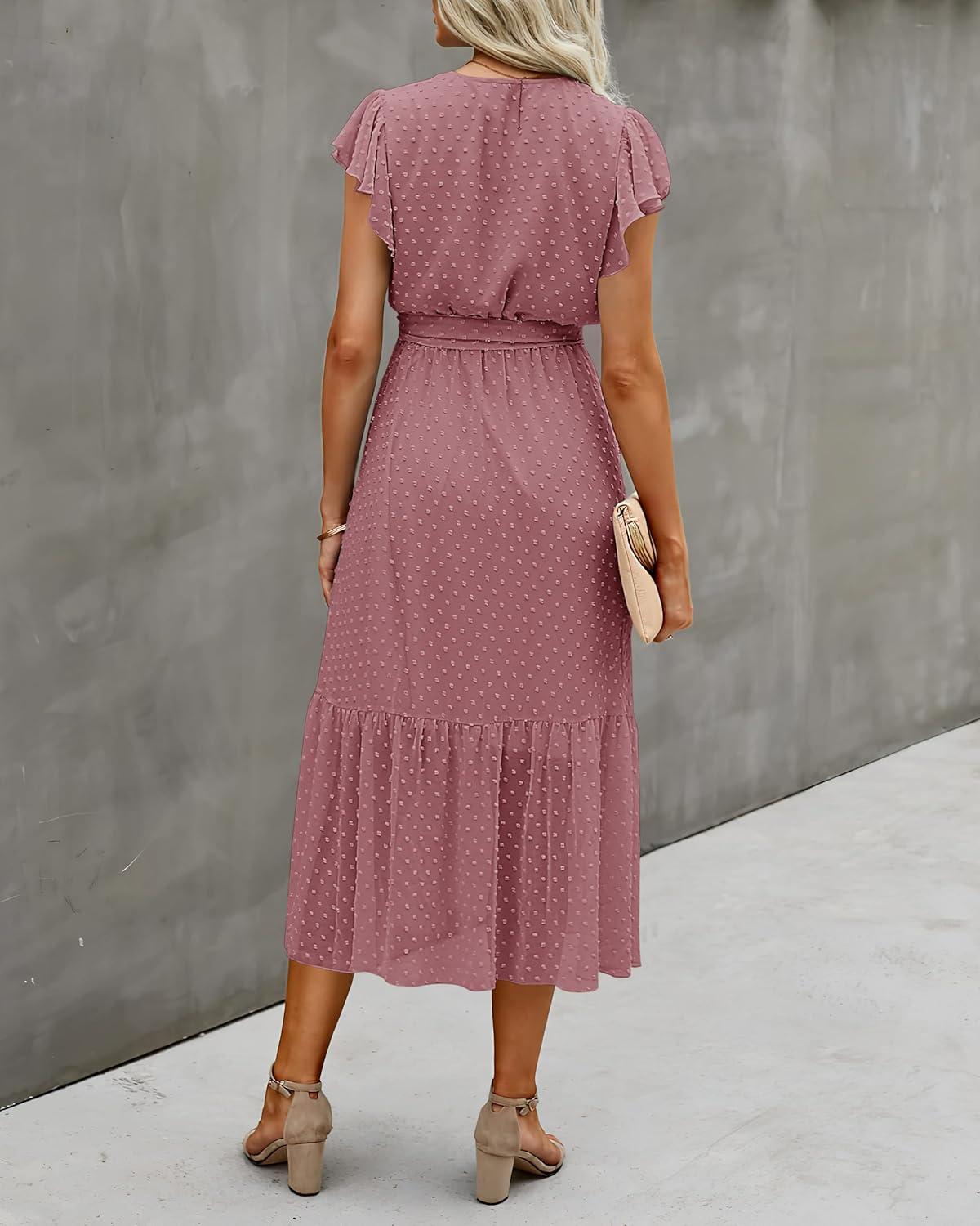 imageBTFBM Women Summer Bohemian Floral Casual Wrap V Neck Ruffle Cap Sleeveless Belt ALine Pleated Hem Midi Sun Dress WhiteSwiss Dot Bean Paste Red
